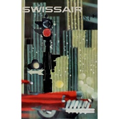 Vintage 1961 original poster by Nikolaus Schwabe poster for Swissair flight to the USA