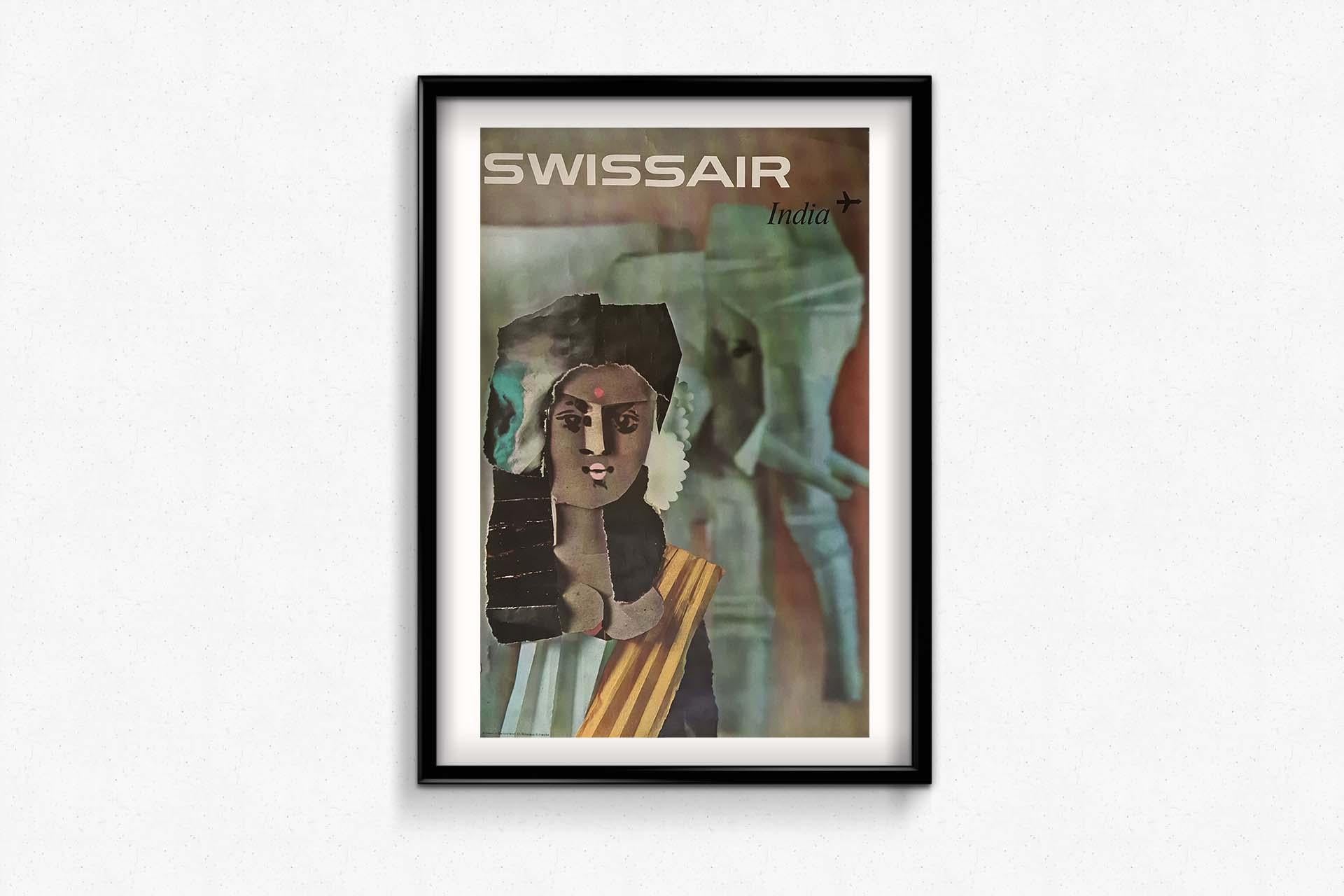 1961 Original travel poster by Nikolaus Schwabe - Swiss Air India For Sale 1