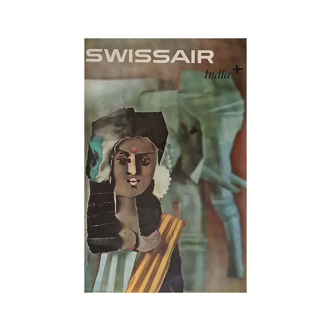 1961 Original travel poster by Nikolaus Schwabe - Swiss Air India For Sale 3