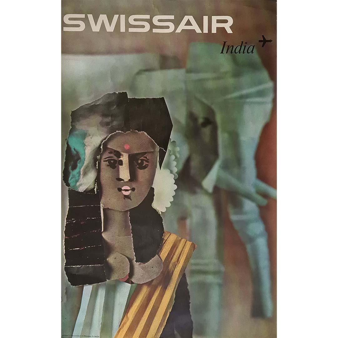 The original travel poster by Nikolaus Schwabe, created in 1961 for Swiss Air, titled "Swiss Air - India," encapsulates the allure and mystique of exotic destinations while showcasing the sophistication and reliability of Swiss Air's