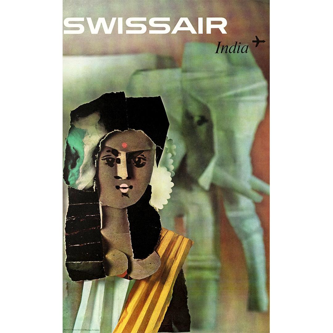 1961 poster made by Nikolaus Schwabe to promote Swissair's travel to India For Sale 1