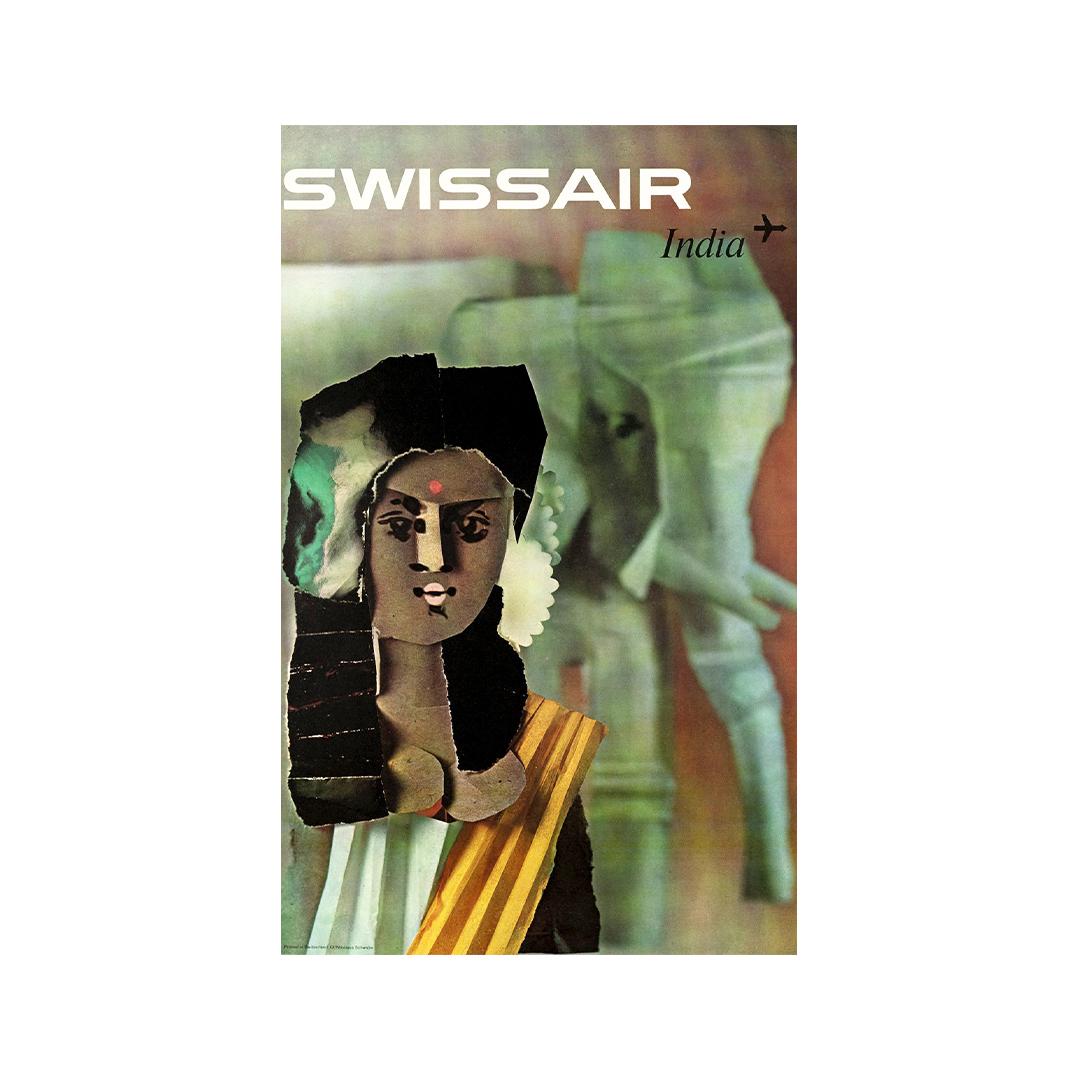 This beautiful poster was made by Nikolaus Schwabe around the 1960s to promote Swissair's travel and flights to India.

Nikolaus Schwabe realized during his career, a whole series of posters as beautiful as the others for the advertiser