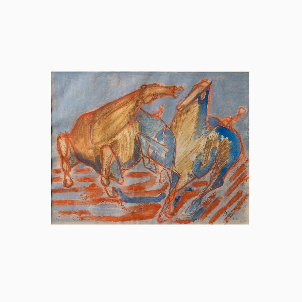 Une représentation dynamique et expressive de chevaux, peinte à l'aquarelle et à la gouache sur papier.
Dimensions de l'œuvre d'art : 44,5 x 58,5 cm.
Signé avec le Monogramme et daté '54 dans la marge inférieure.
Joliment présenté dans un cadre en