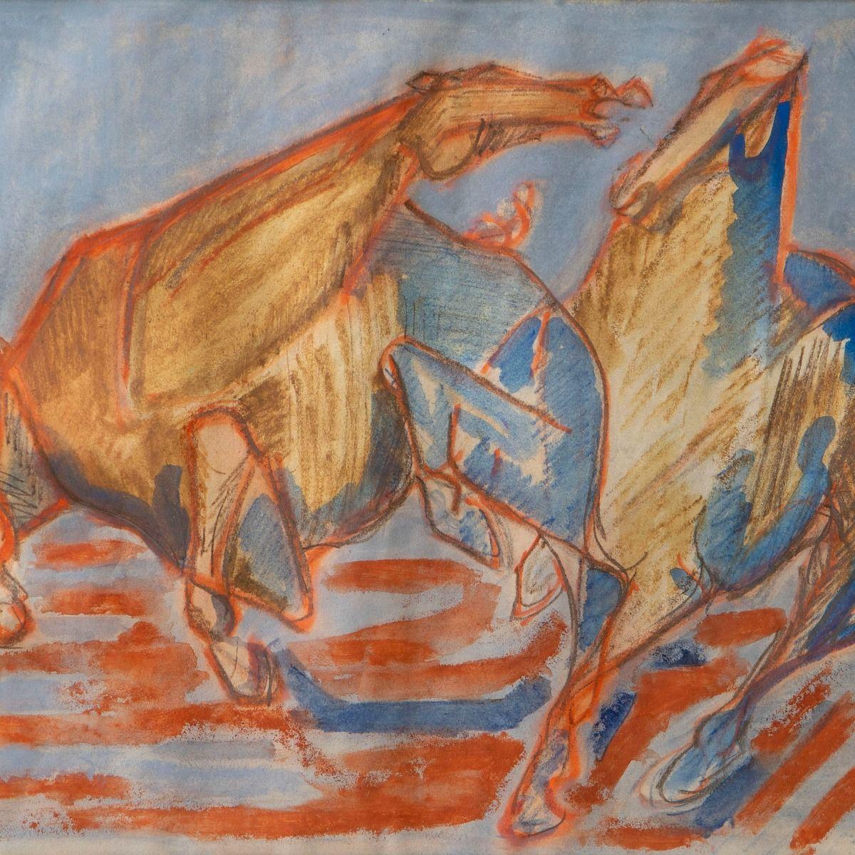 Mid-Century Modern Nikolaus Wehding - Composition expressive de chevaux à la gouache en vente
