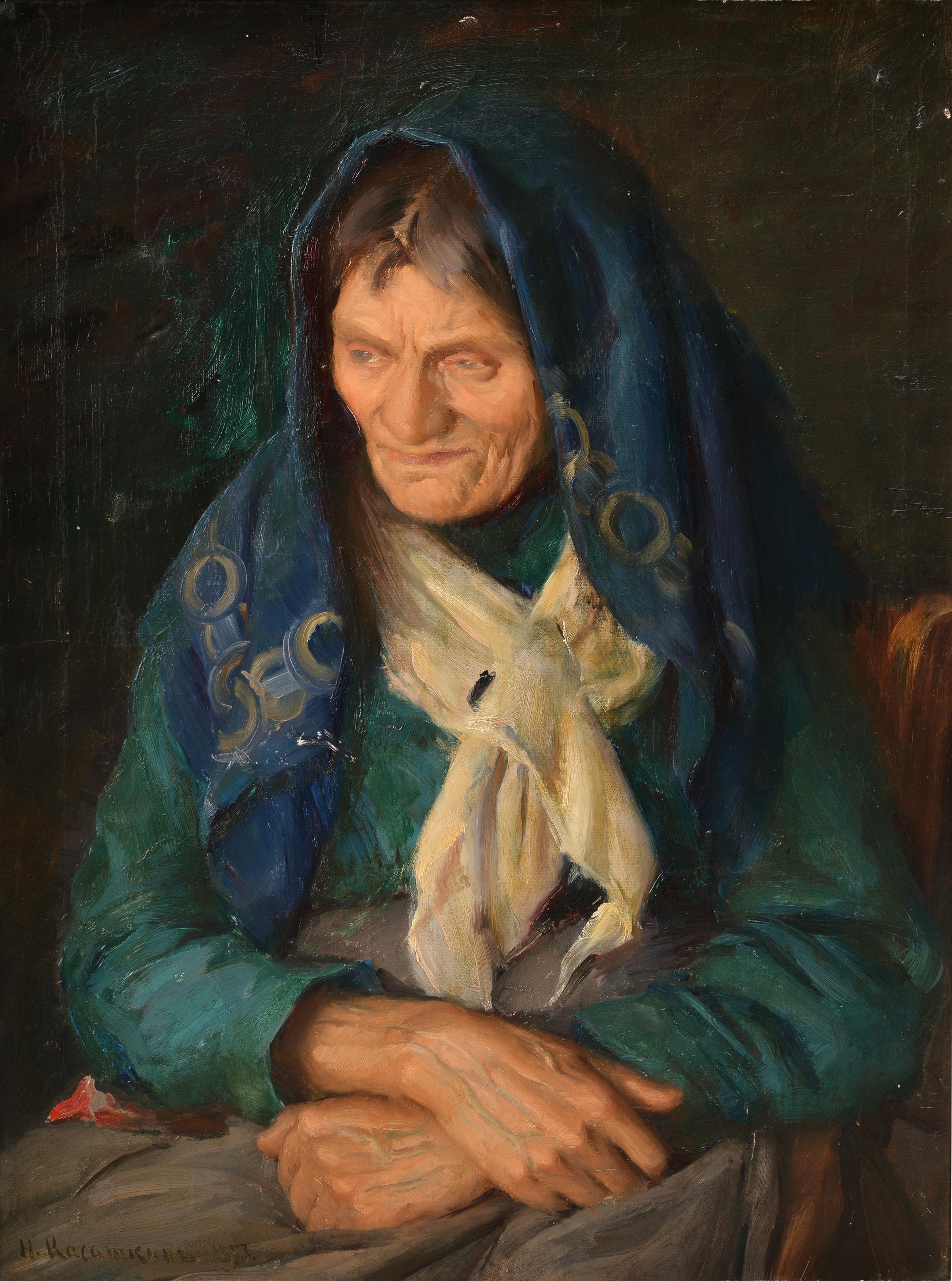 Attributed by Nikolay Alekseyevich Kasatkin (1859 - 1930). In this touching artwork, the artist perfectly conveyed the character of the old woman, who has seen a lot in her life. The hands, tired out and riddled with veins, lie helplessly on the