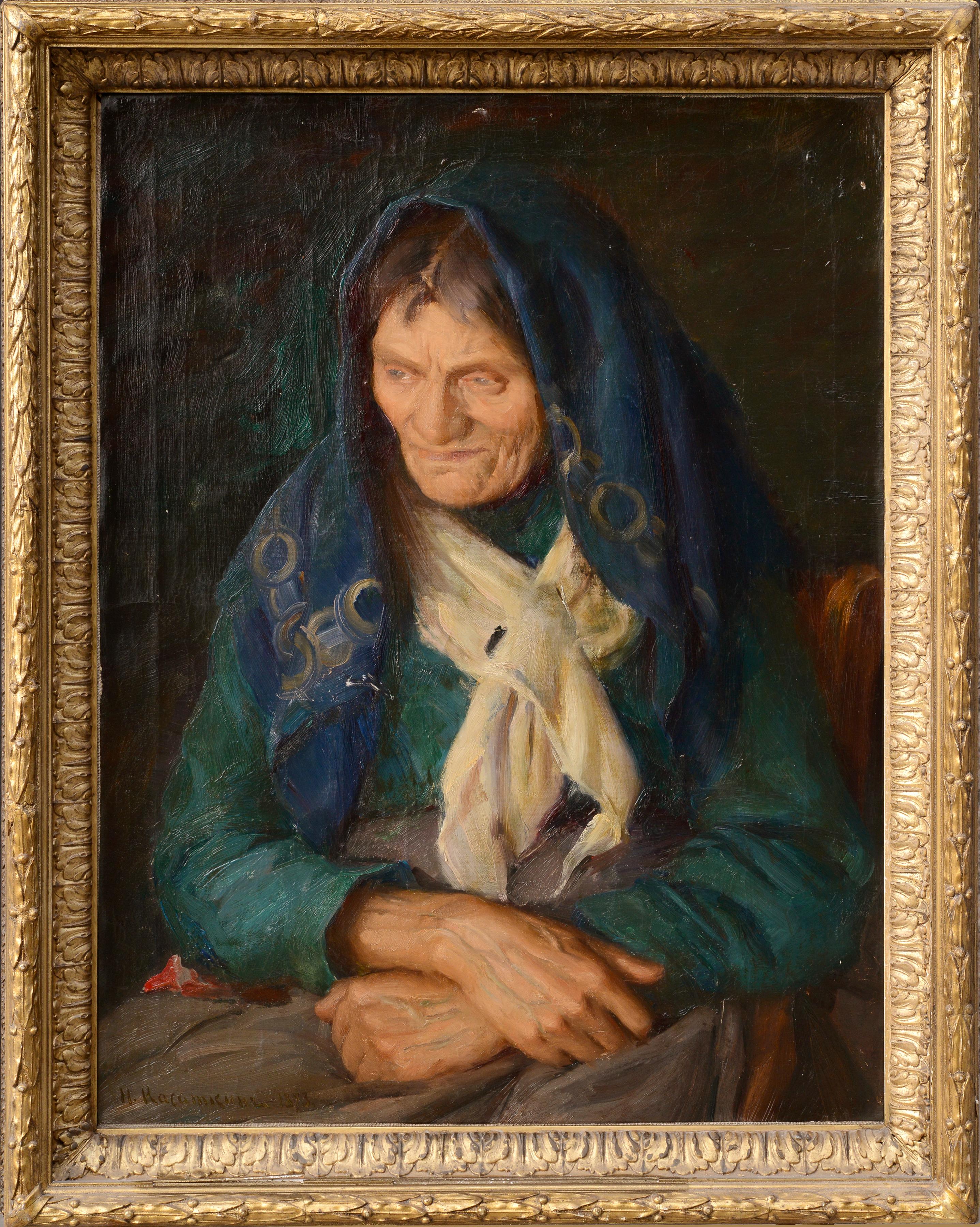 Nikolay Alekseyevich Kasatkin Portrait Painting – Porträt einer alten Frau 1893 von berühmtem russischen Meister, Ölgemälde auf Leinwand, Rahmen