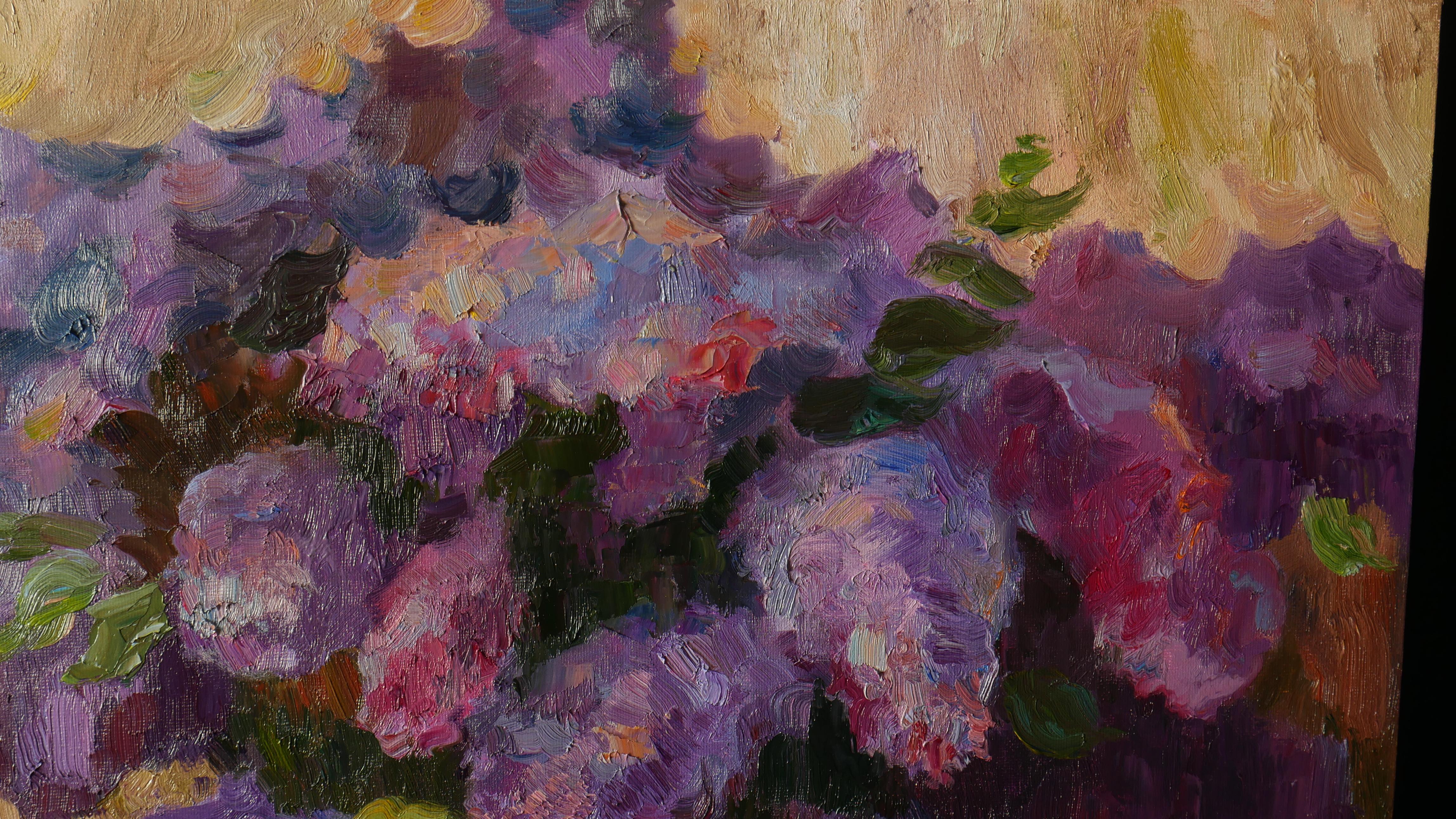 Abstract flower painting with bouquet of lilacs contains a lot of positive energy, the bright picture is a beautiful wall decor for interior and wonderful gift for your loved ones.

The unique and original oil painting.
The painting is signed on the