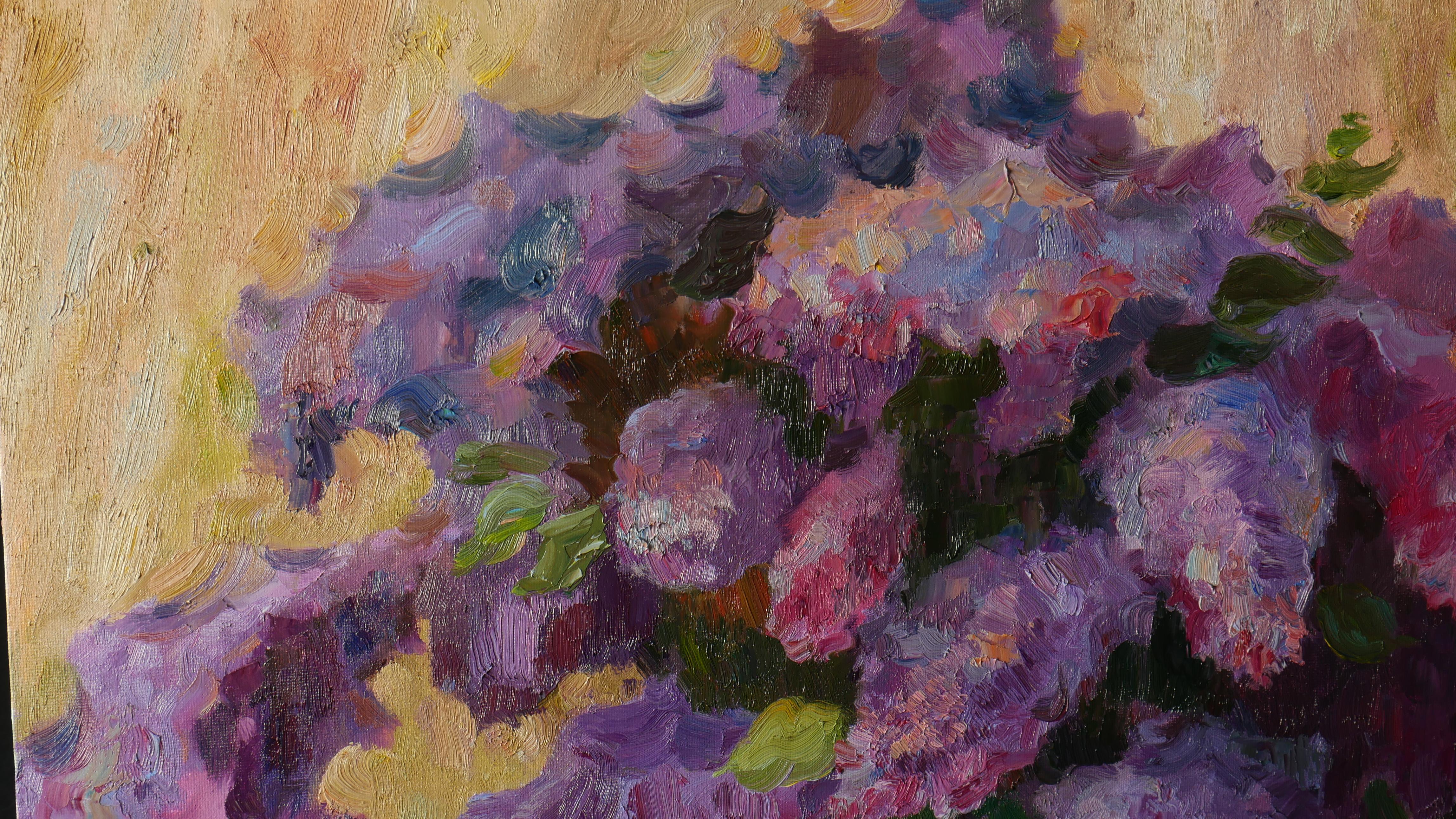 Abstraktes Blumenbild mit Fliederstrauß enthält viel positive Energie, das helle Bild ist eine schöne Wanddekoration für Innenräume und ein wunderbares Geschenk für Ihre Lieben.

Das einzigartige und originelle Ölgemälde.
Das Gemälde ist auf der