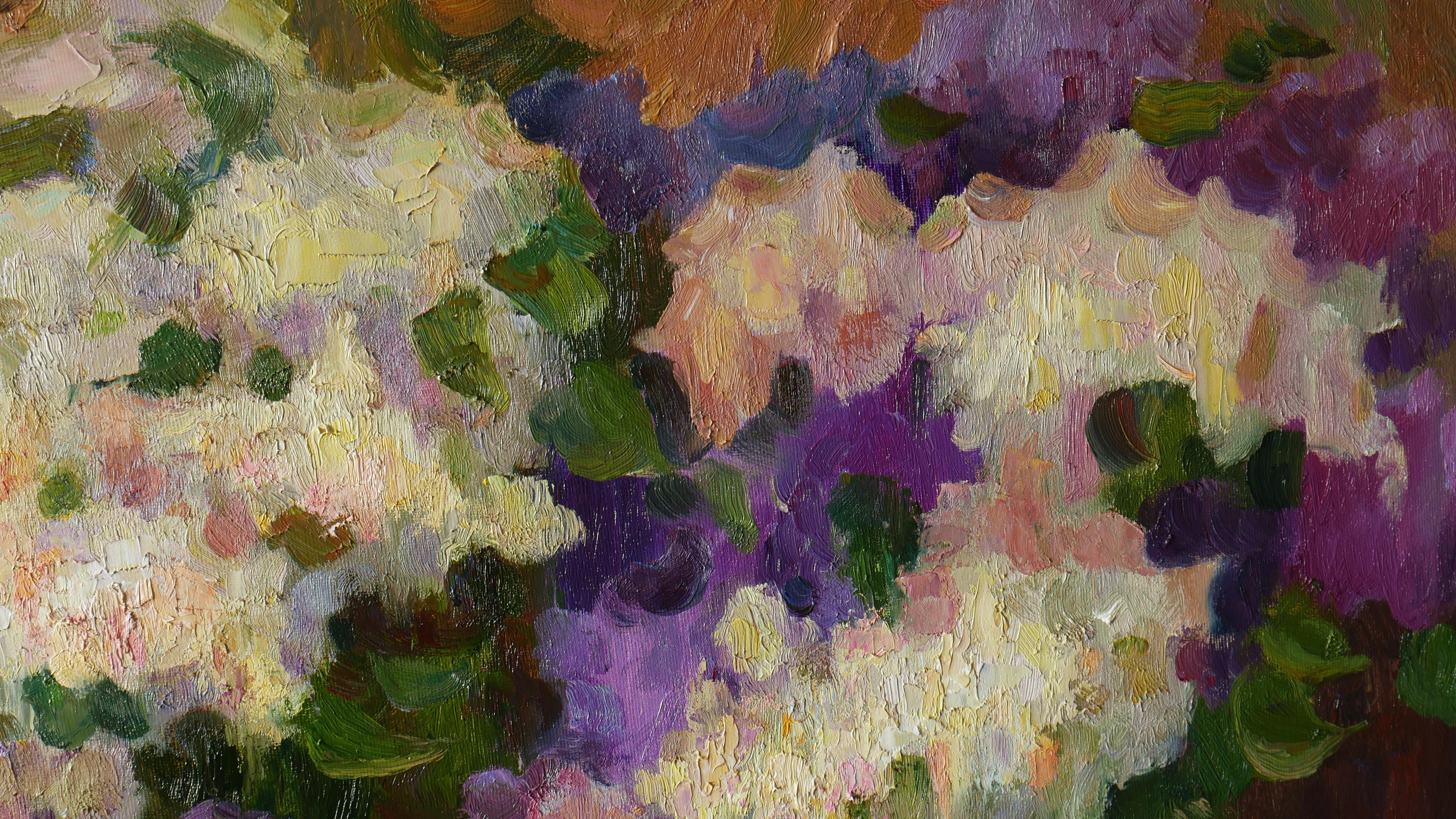 Abstraktes Blumenbild mit Fliederstrauß enthält viel positive Energie, das helle Bild ist eine schöne Wanddekoration für Innenräume und ein wunderbares Geschenk für Ihre Lieben.

Das einzigartige und originelle Ölgemälde.
Das Gemälde ist auf der