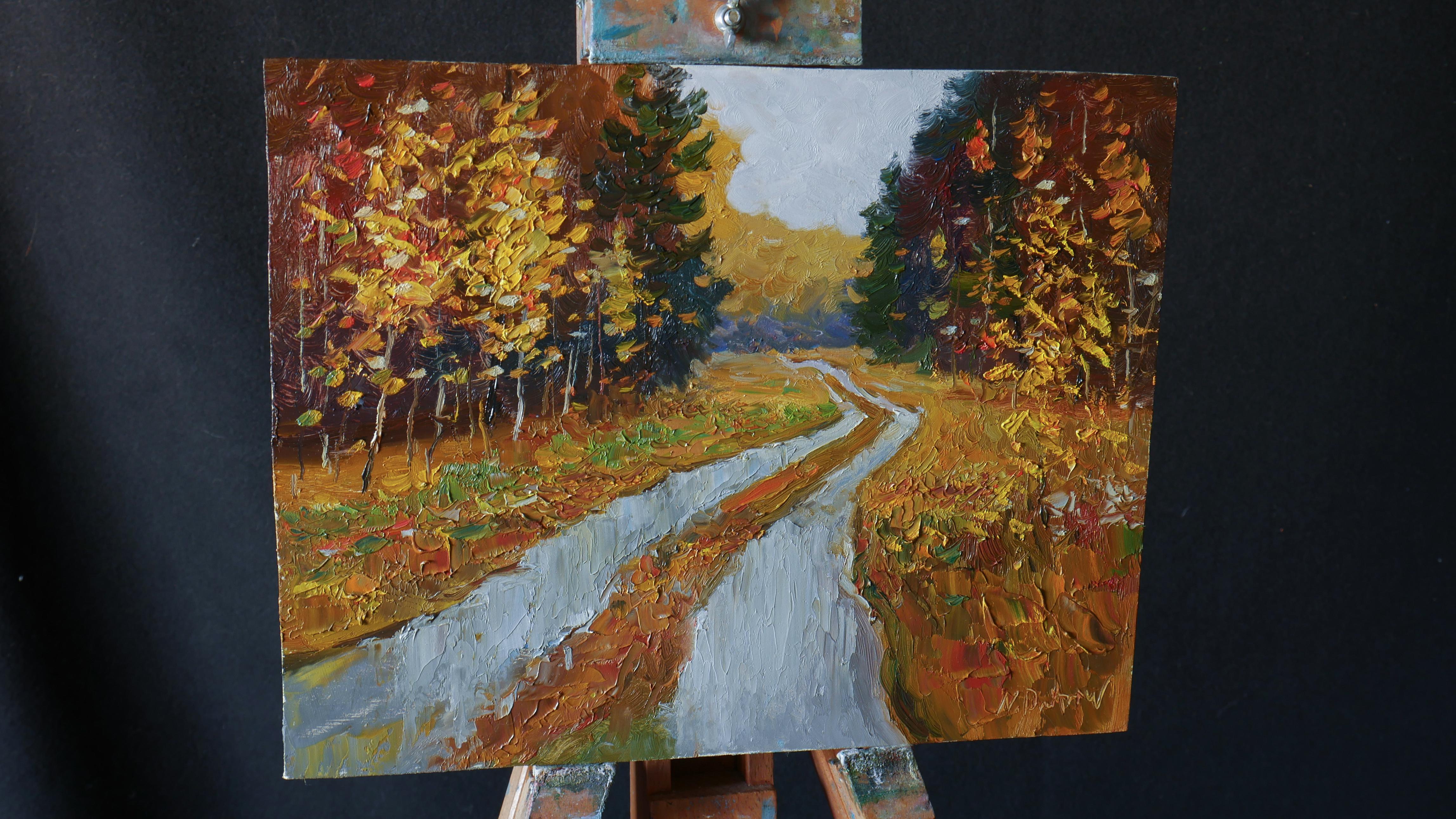 Across The Autumn Forest - Herbstlandschaftsgemälde – Painting von Nikolay Dmitriev