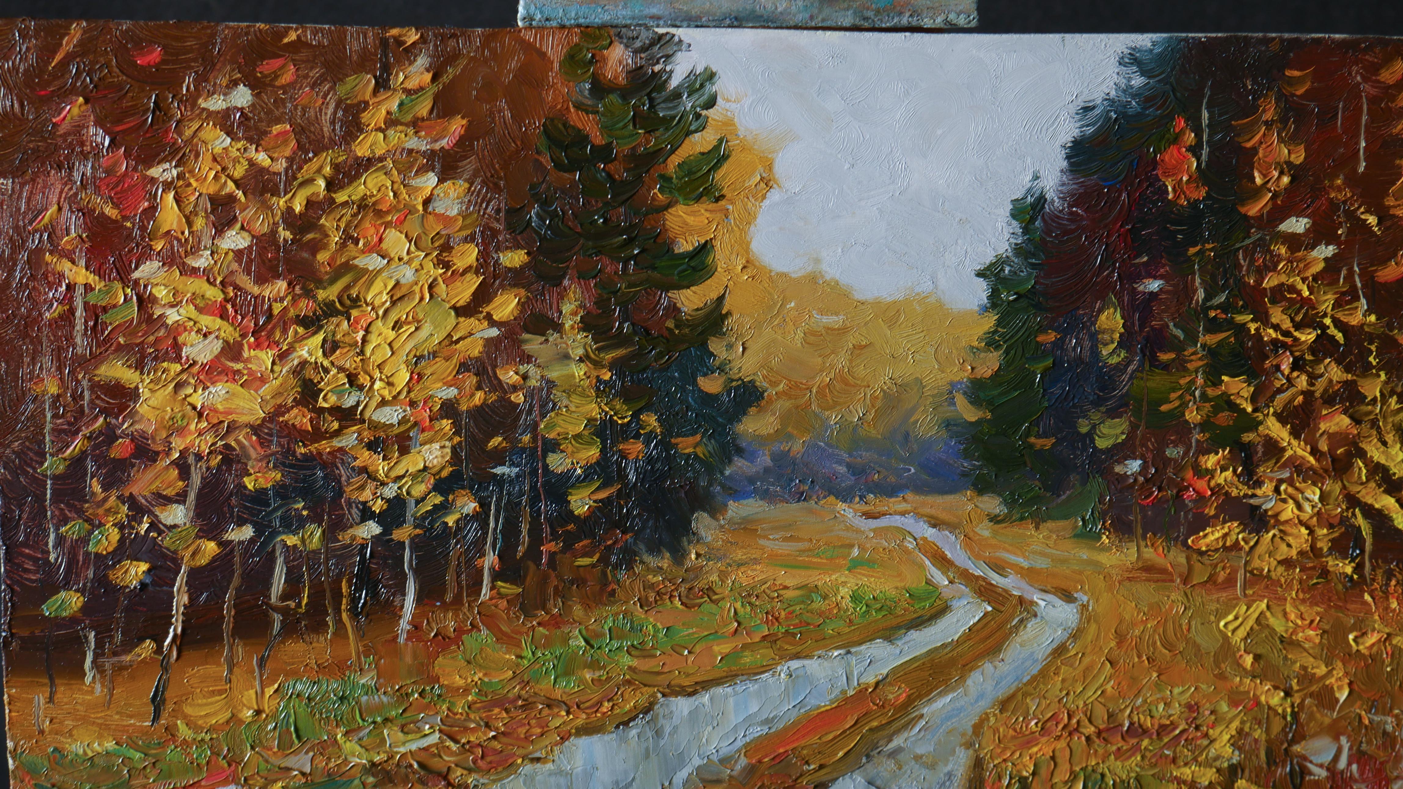 The autumn landscape with a forest and a wet road is a great wall decoration. The artwork is full of warm colours. The painting is a wonderful purchase for your collection.

The picture is author's and original. It is signed on the front and also