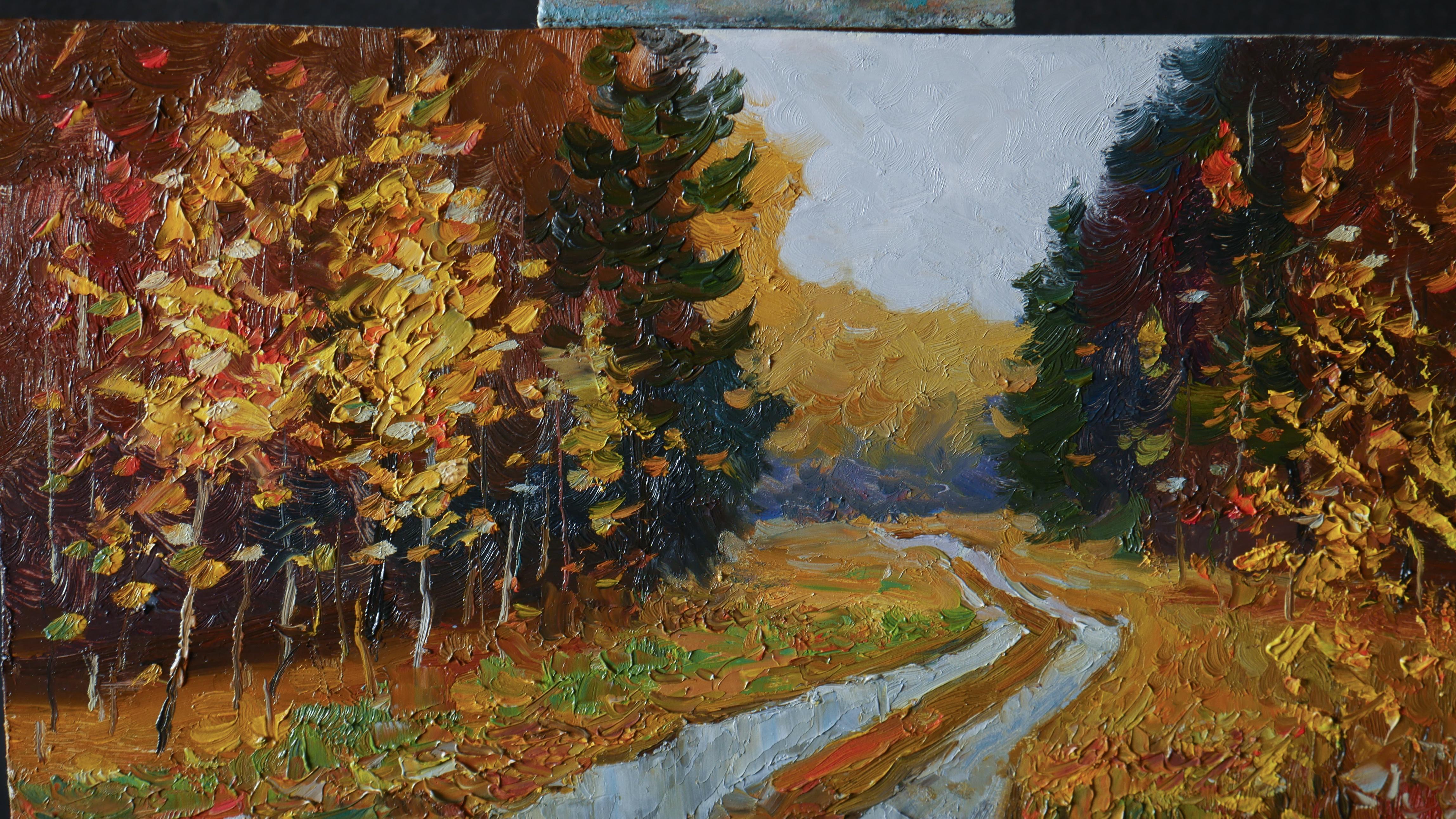 Across The Autumn Forest - Herbstlandschaftsgemälde (Braun), Landscape Painting, von Nikolay Dmitriev