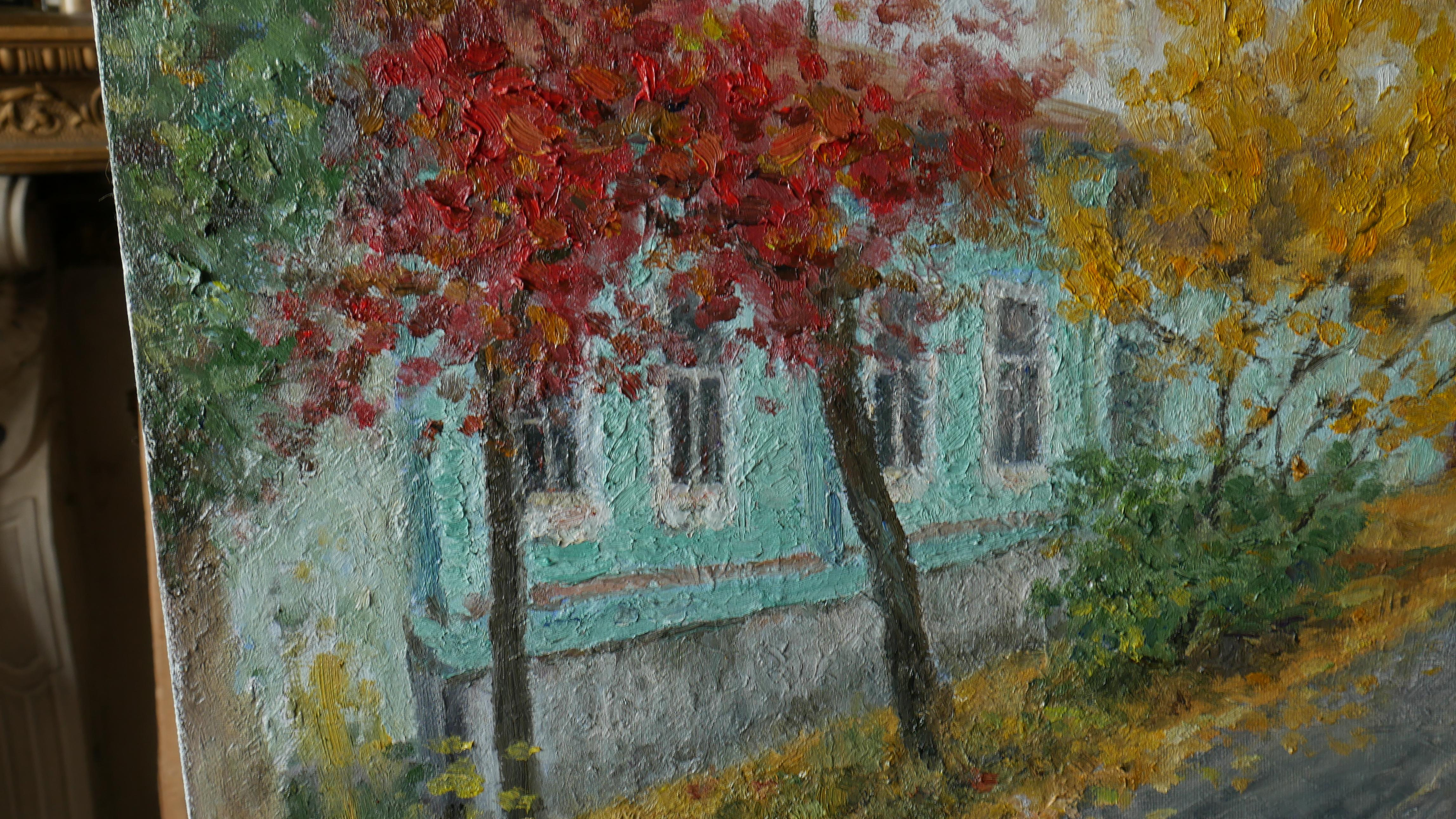 Il cielo grigio e i colori caldi e brillanti degli alberi creano nel dipinto un'atmosfera autunnale unica. Nikolay dipinge paesaggi urbani molto raramente, nonostante l'autunno sia una delle sue stagioni preferite. Inoltre, il premio Nobel Ivan