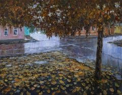 Autumn Reflection Of The Rainy Town - autumn cityscape painting