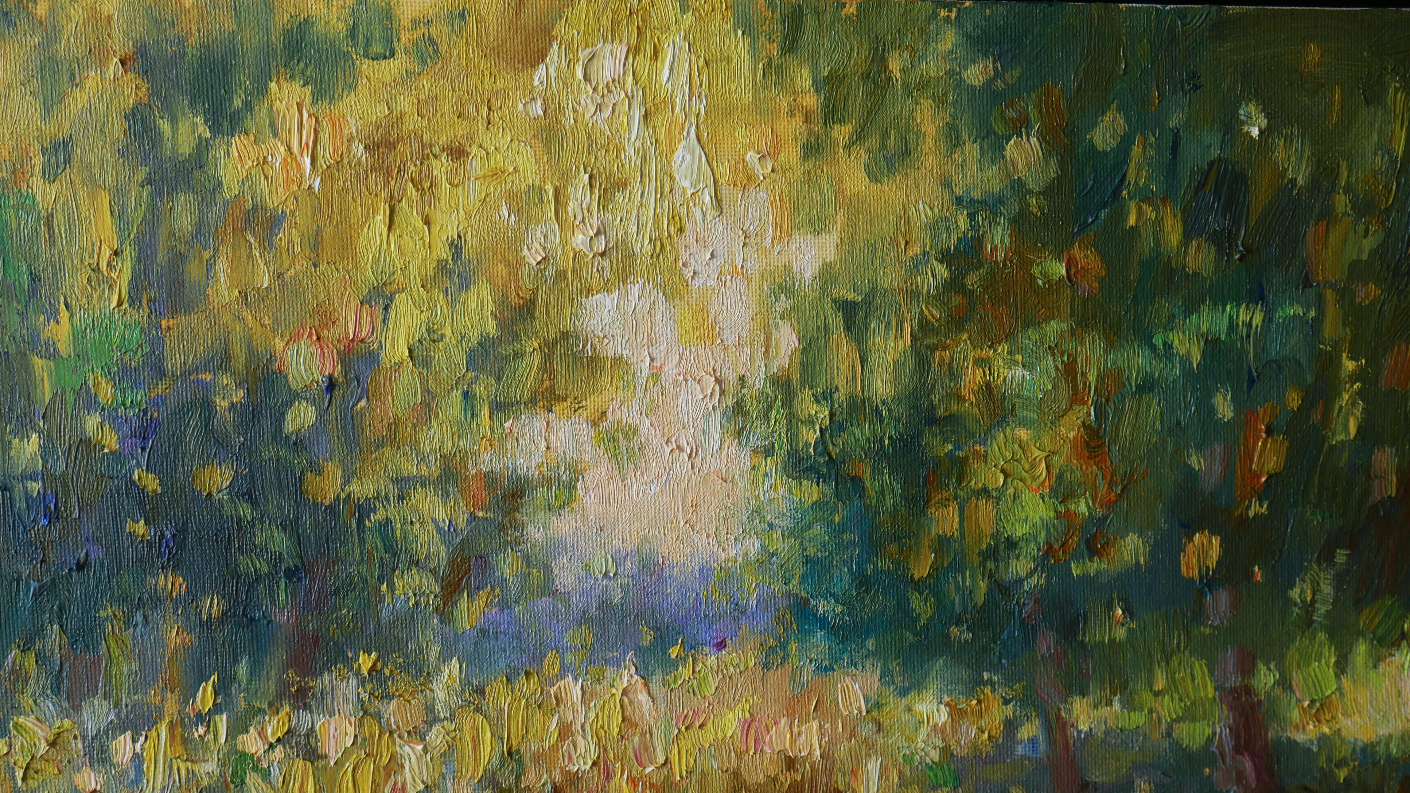 Un quadro impressionista solare è pieno di energia positiva. L'opera d'arte viene creata en plein air. Il dipinto presenta un'elevata texture.

L'immagine è dell'autore e originale. È firmato sul fronte e anche intitolato e firmato sul retro. Il