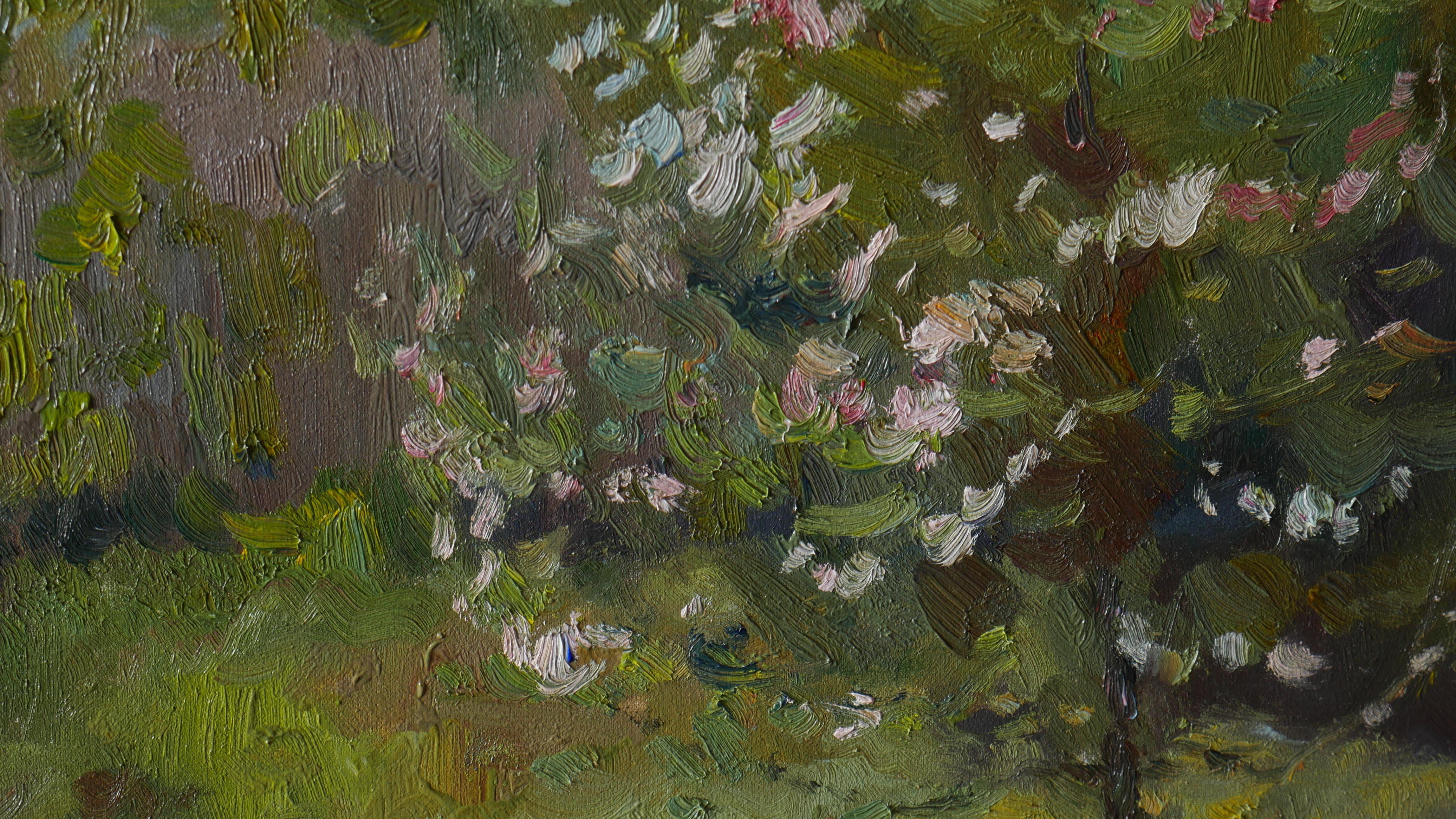 Peinture de paysage au printemps : arbre à pommes en fleurs au jardin en vente 2