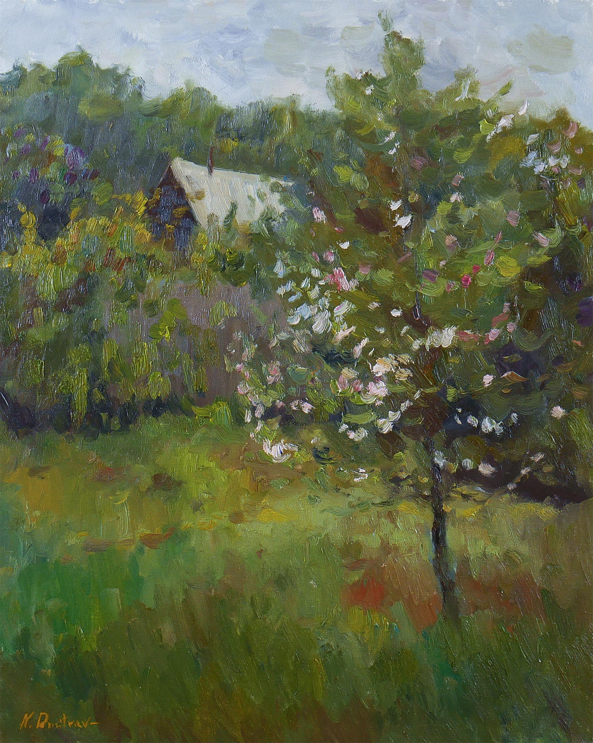 Landscape Painting Nikolay Dmitriev - Peinture de paysage au printemps : arbre à pommes en fleurs au jardin