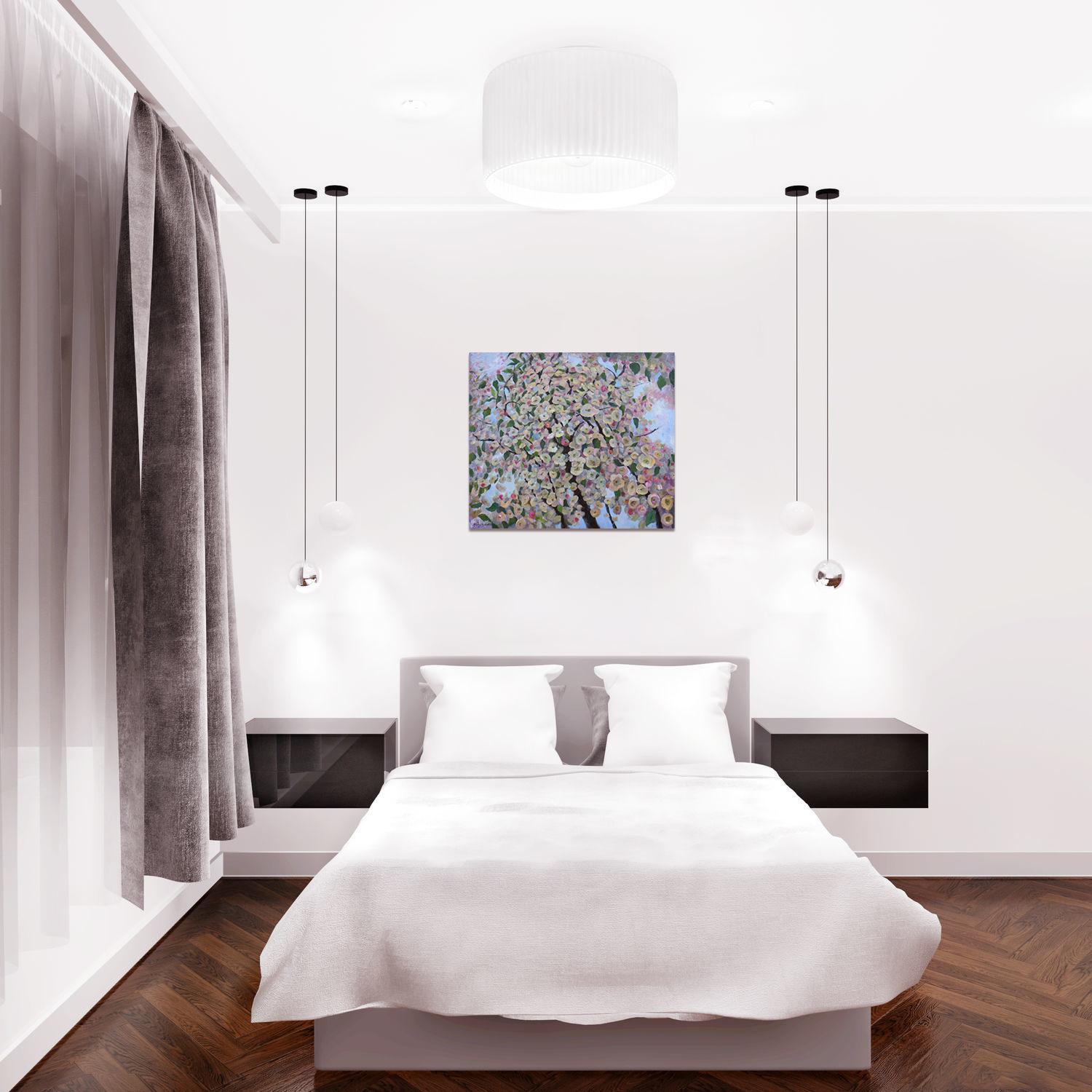 Oil painting with blooming tree is a great addition to your interior and will give you only pleasant emotions.
The flowering period is one of the most beautiful of the year. The blooming branch symbolizes solar energy as the source of life on Earth.