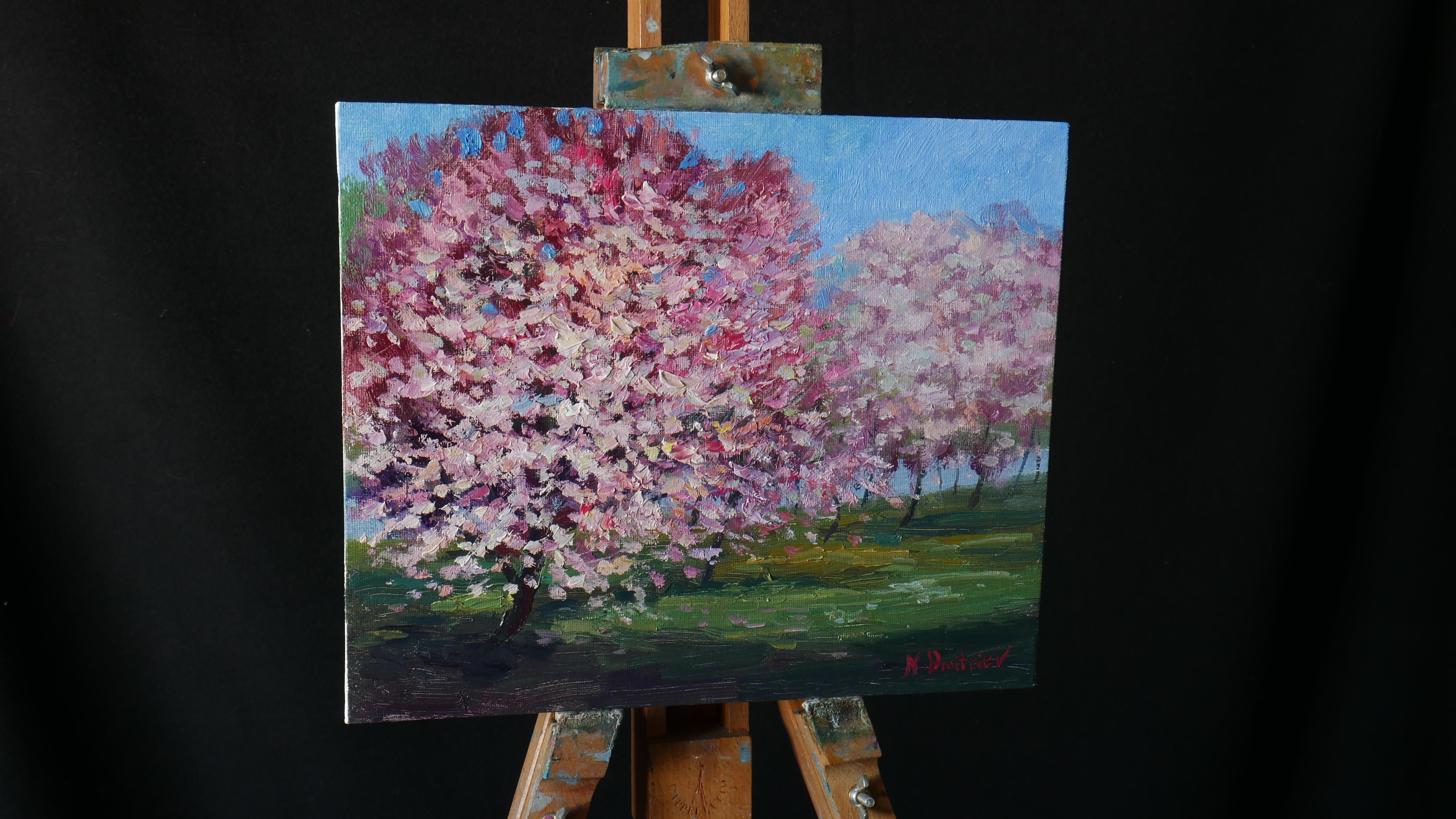 Blooming Cherry - original sunny landscape, painting - Painting by Nikolay Dmitriev
