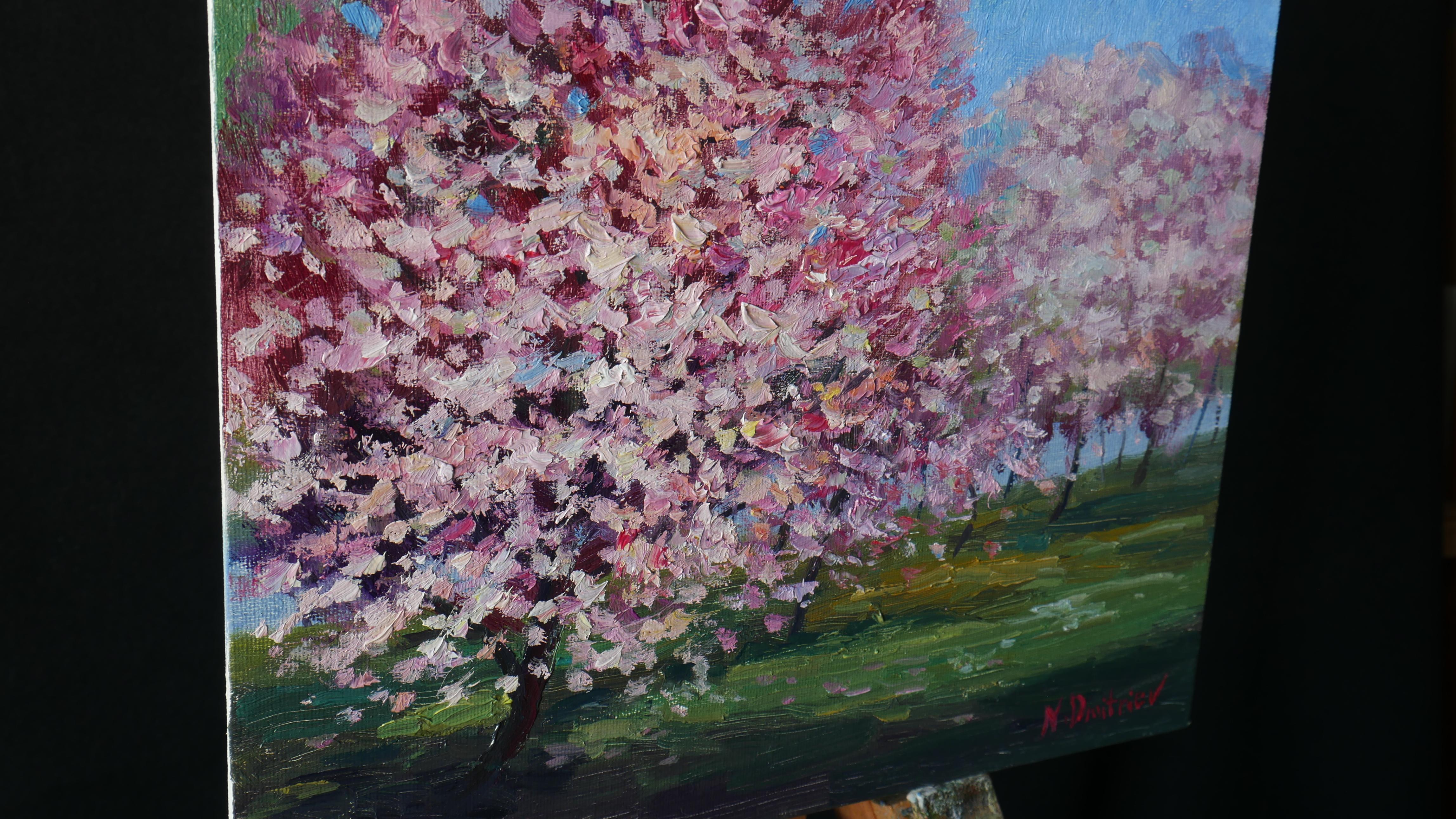 Blooming Cherry - original sunny landscape, painting - Impressionist Painting by Nikolay Dmitriev