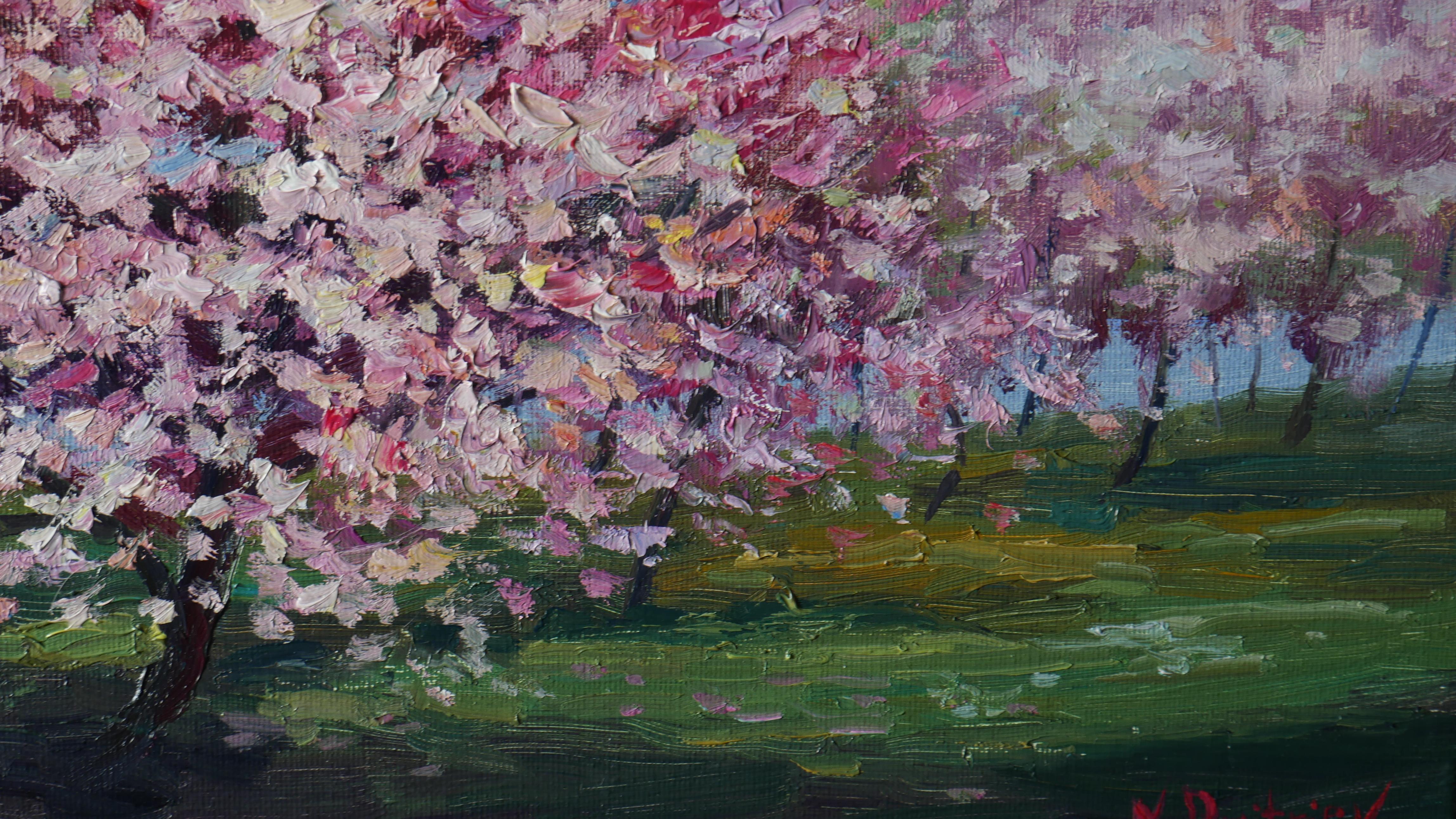 Blooming Cherry - original sunny landscape, painting For Sale 1