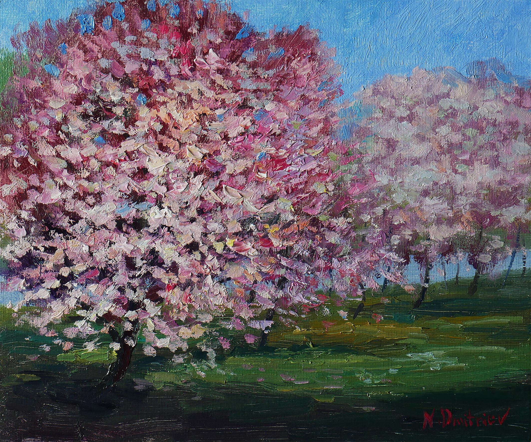 Nikolay Dmitriev Landscape Painting - Blooming Cherry - original sunny landscape, painting