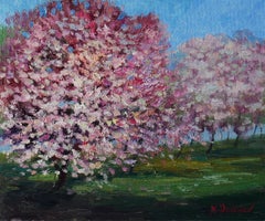 Blooming Cherry – originale sonnige Landschaft, Gemälde