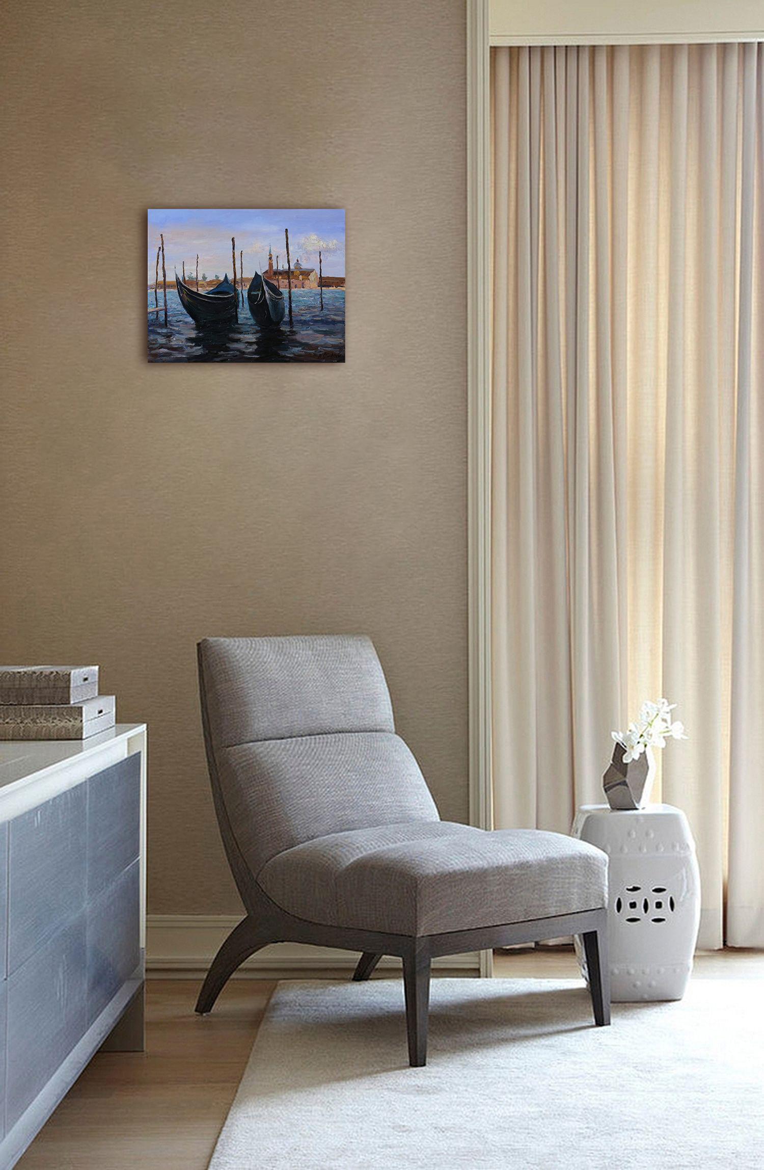 An impressionistic seascape with boats is created in technique impasto in blue colours, the contemporary Venetian landscape is a wonderful and stylish wall decor for your interior.
Venice is one of the most interesting and unusual cities of the