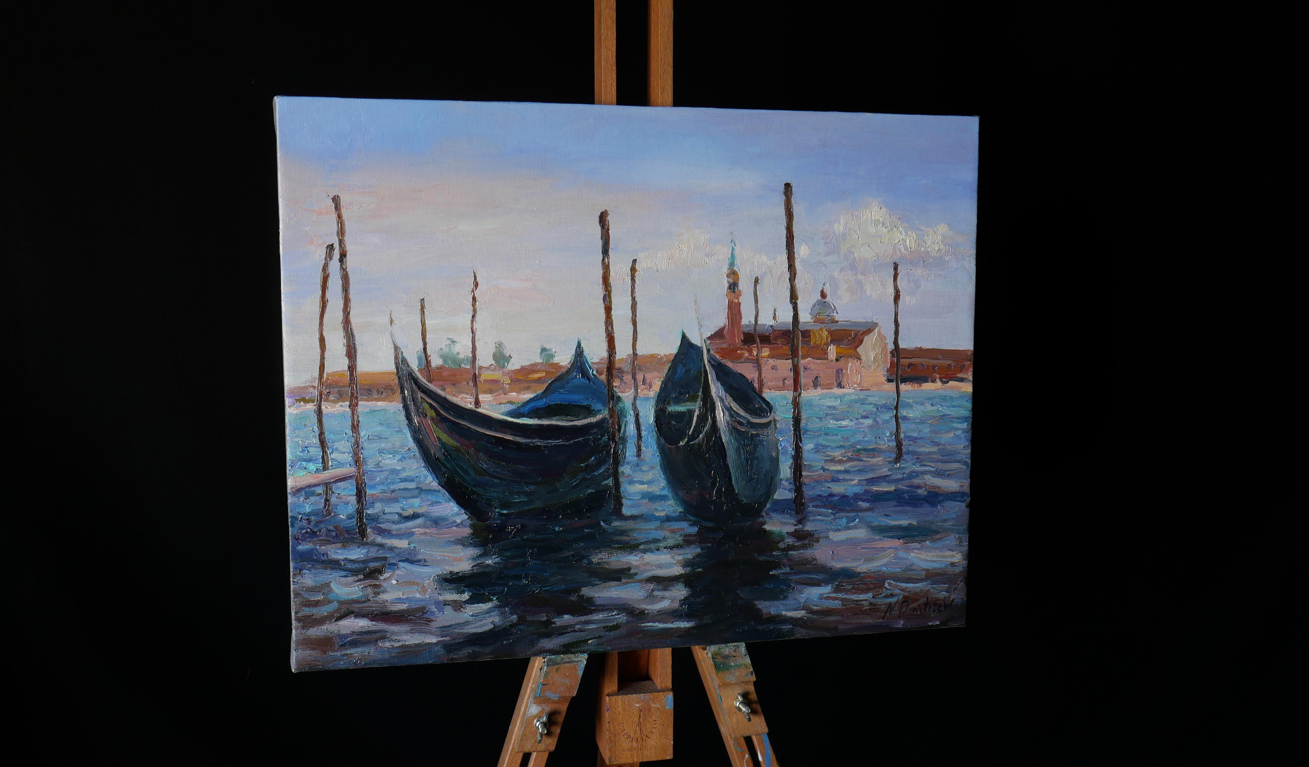 Boats In Sunny Venice - Venice cityscape painting For Sale 2