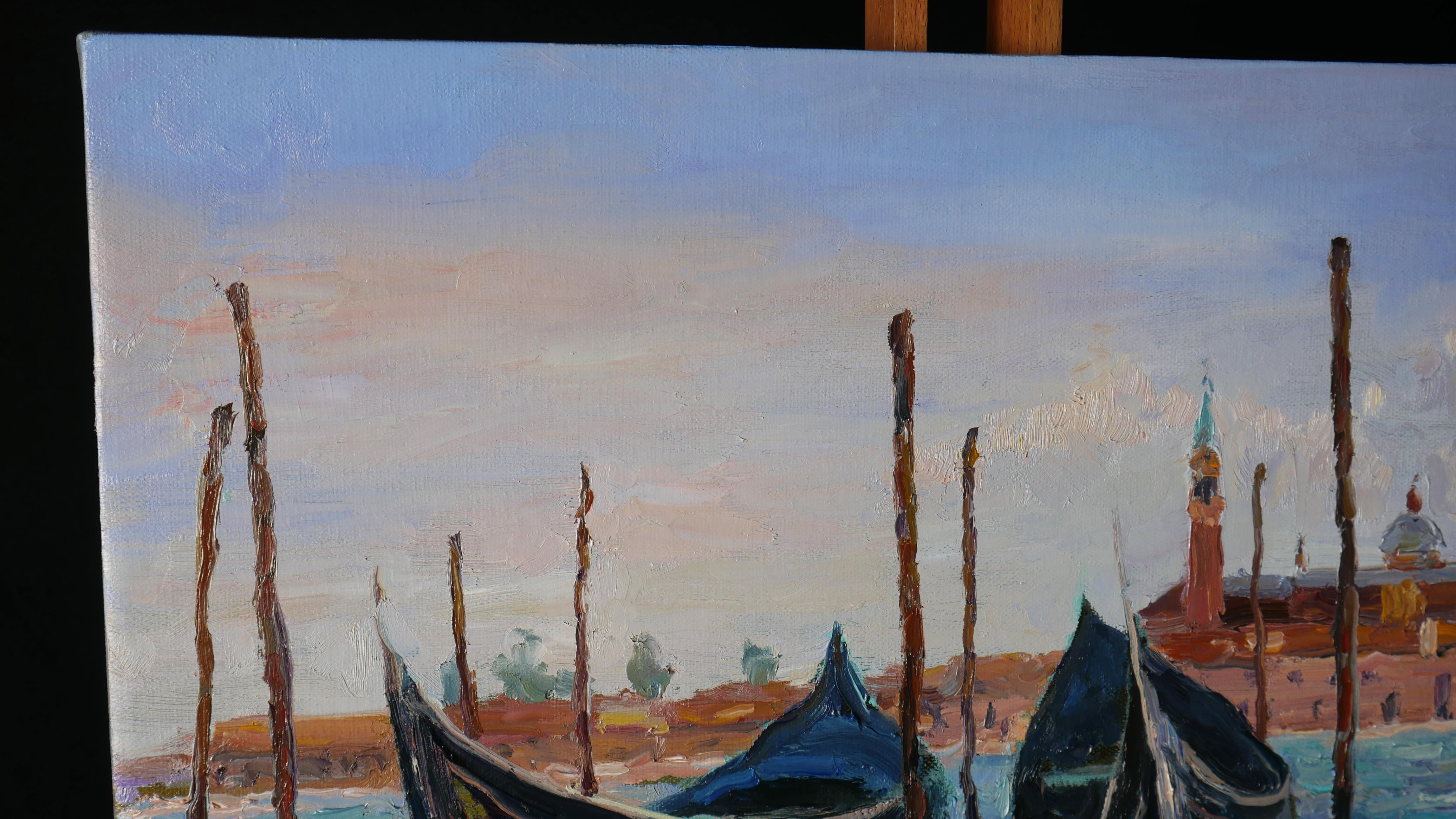 Boats In Sunny Venice - Venice cityscape painting For Sale 3