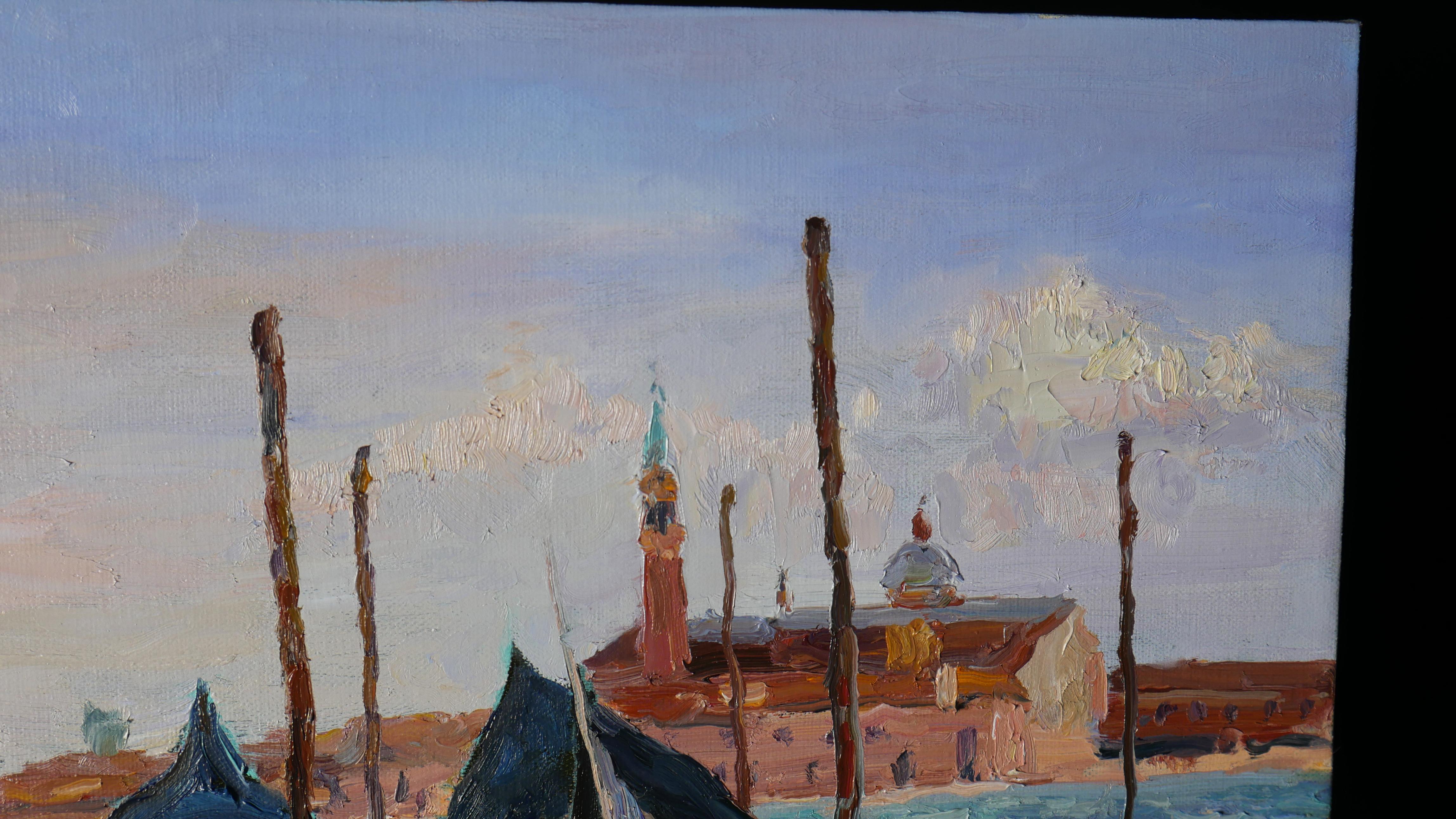 Boats In Sunny Venice - Venice cityscape painting For Sale 4