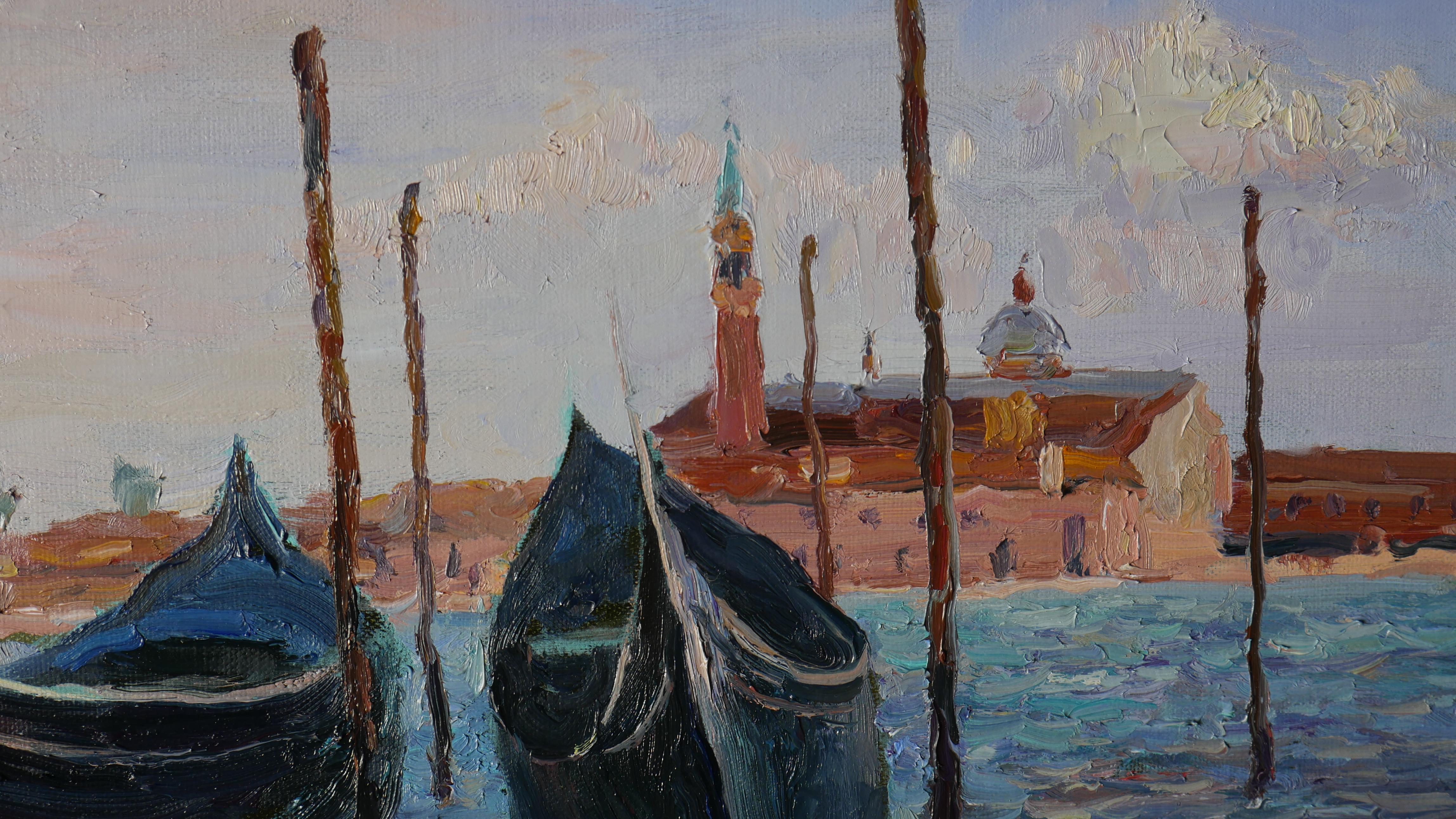 Boats In Sunny Venice - Venice cityscape painting For Sale 5