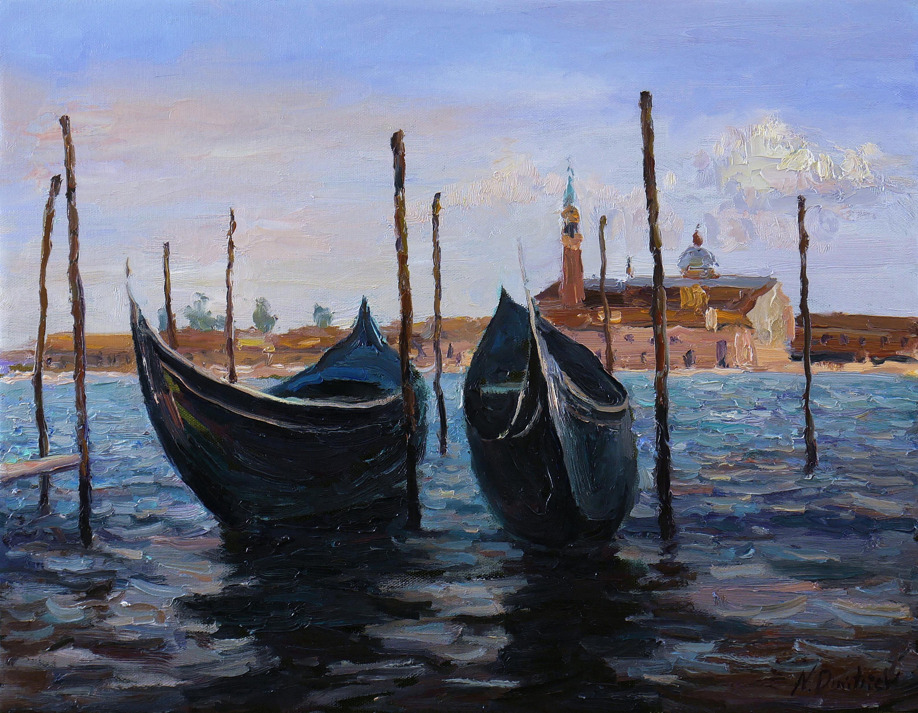 Nikolay Dmitriev Landscape Painting - Boats In Sunny Venice - Venice cityscape painting