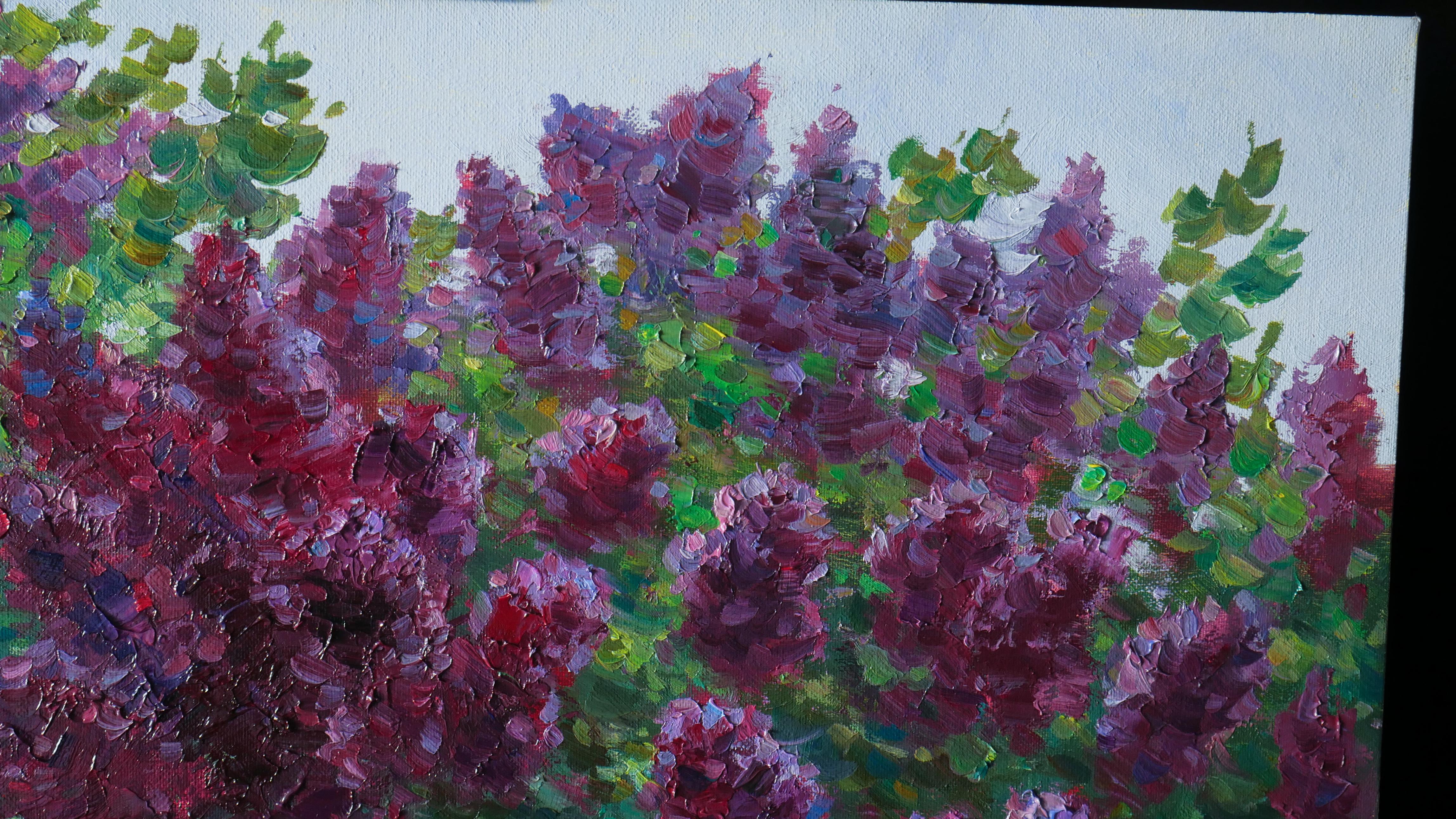 A bright impressionist painting with lilacs blossom trees is a beautiful wall decor, the painting is full of different purple colours, combinations of warm and cold shades are professionally captured by the artist. The lively painting is a wonderful