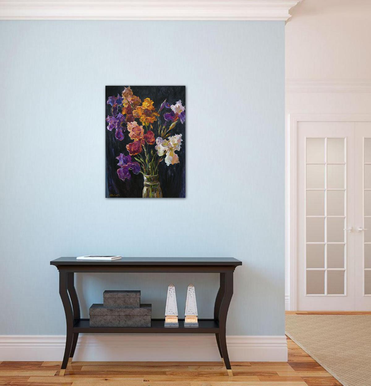 Bright floral painting with irises are stylish and modern, yellow, purple, white and red flowers looks great against the black background. The impressionist semi-abstract still life will become a beautiful home decoration. The artwork is created