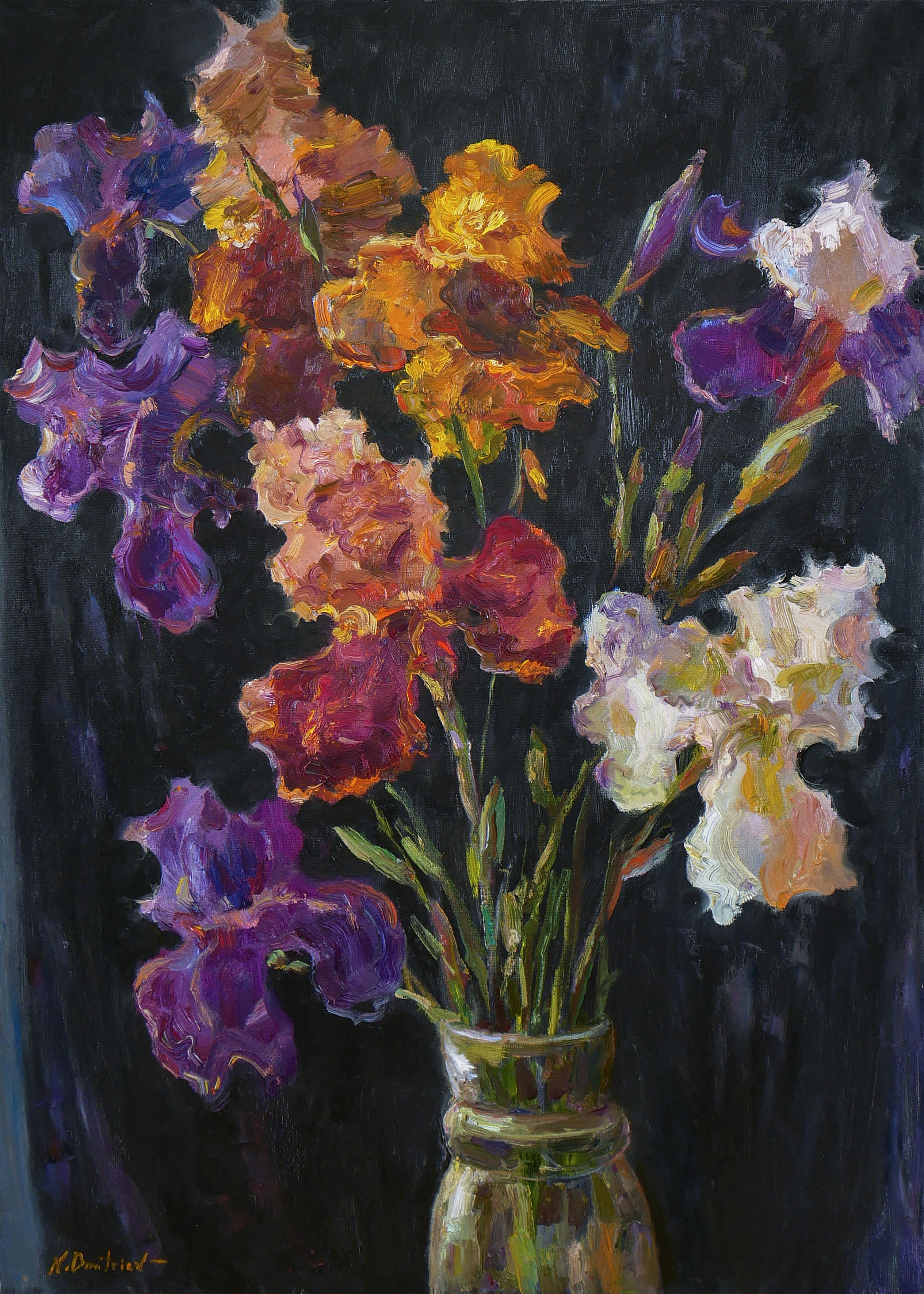 Nikolay Dmitriev Still-Life Painting - Bright Irises - irises oil painting