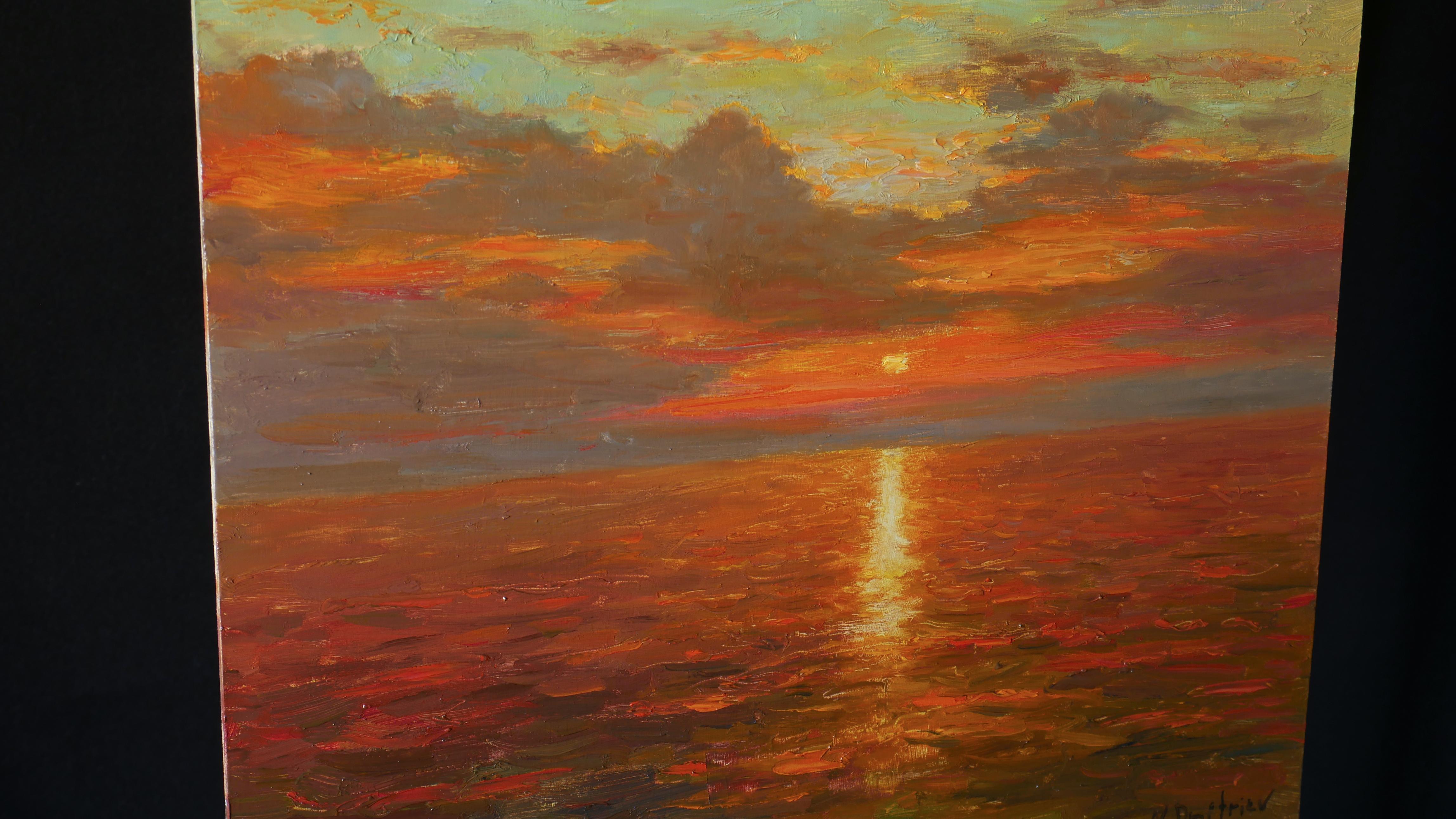 Bright Sunset Over The Sea - original oil painting  - Impressionist Painting by Nikolay Dmitriev