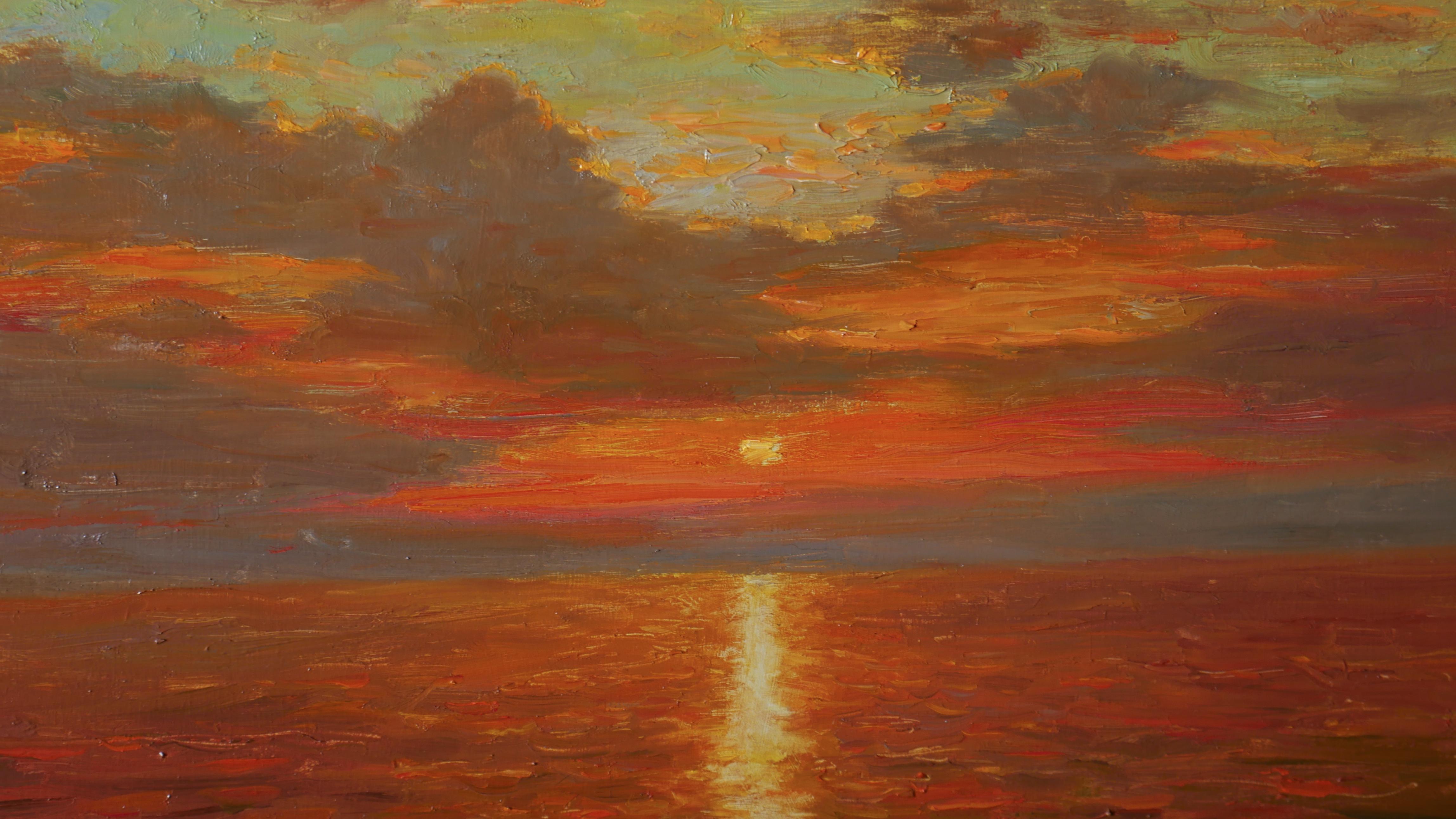 The evening painting with sunset over the sea is a wonderful wall decoration of any interior. The artwork is bright and it's full of positive energy! The artist masterfully captured the evenings sky, clouds, waves and the amazing reflection of the