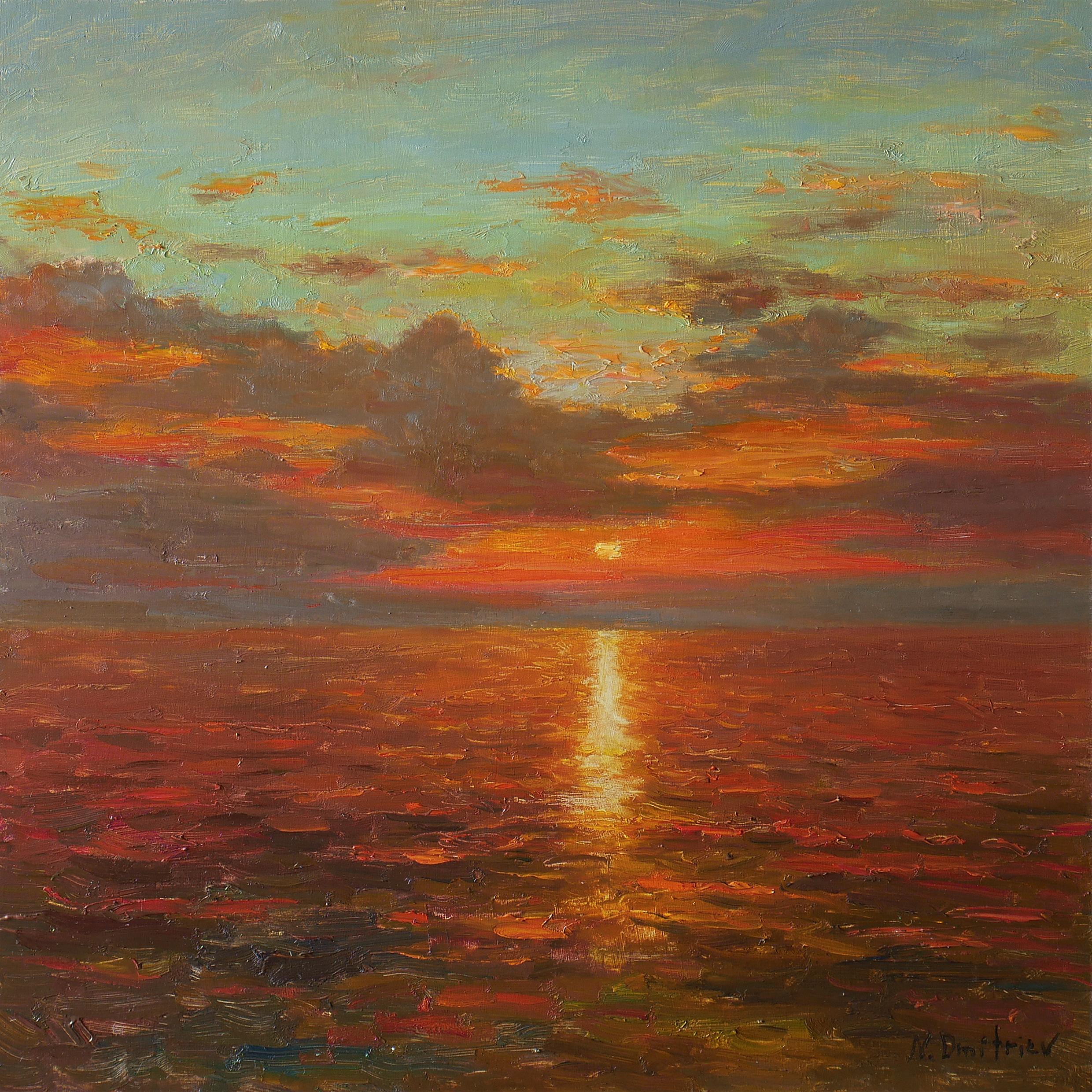 Nikolay Dmitriev Interior Painting - Bright Sunset Over The Sea - original oil painting 