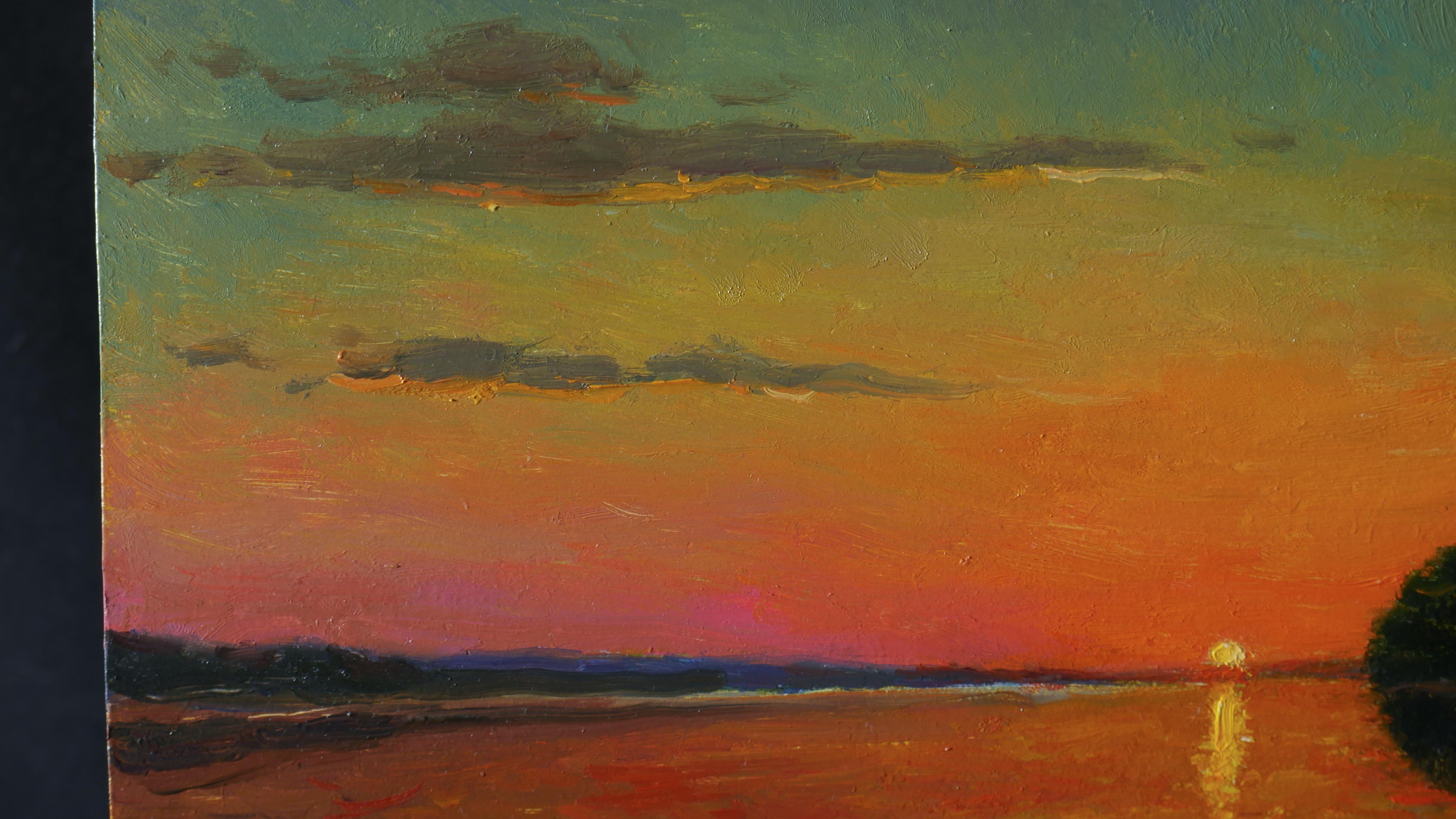 A summer landscape with sunset and water is a great decoration for any interior.  Evening is a momentary state of nature, but it's amazing at the same time. Dawns and sunsets always inspire the artist. The painting is a wonderful purchase for your