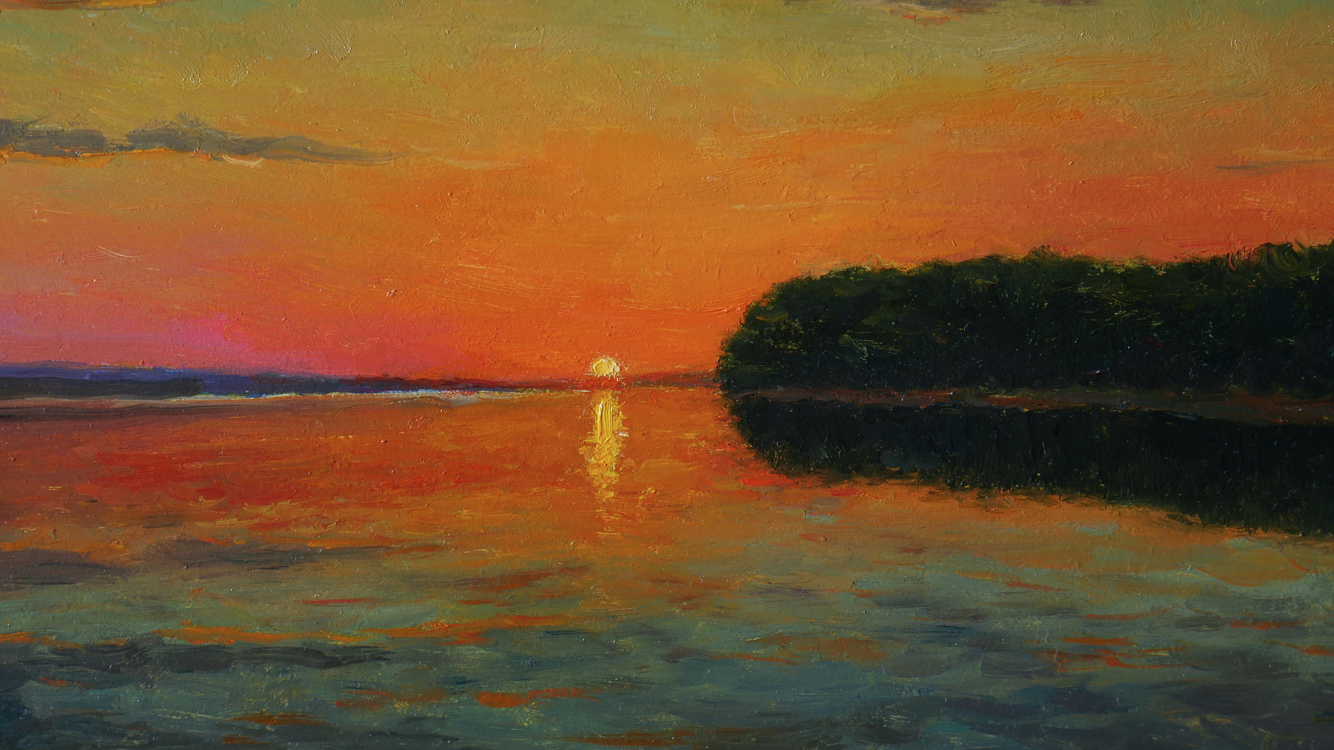 A summer landscape with sunset and water is a great decoration for any interior.  Evening is a momentary state of nature, but it's amazing at the same time. Dawns and sunsets always inspire the artist. The painting is a wonderful purchase for your