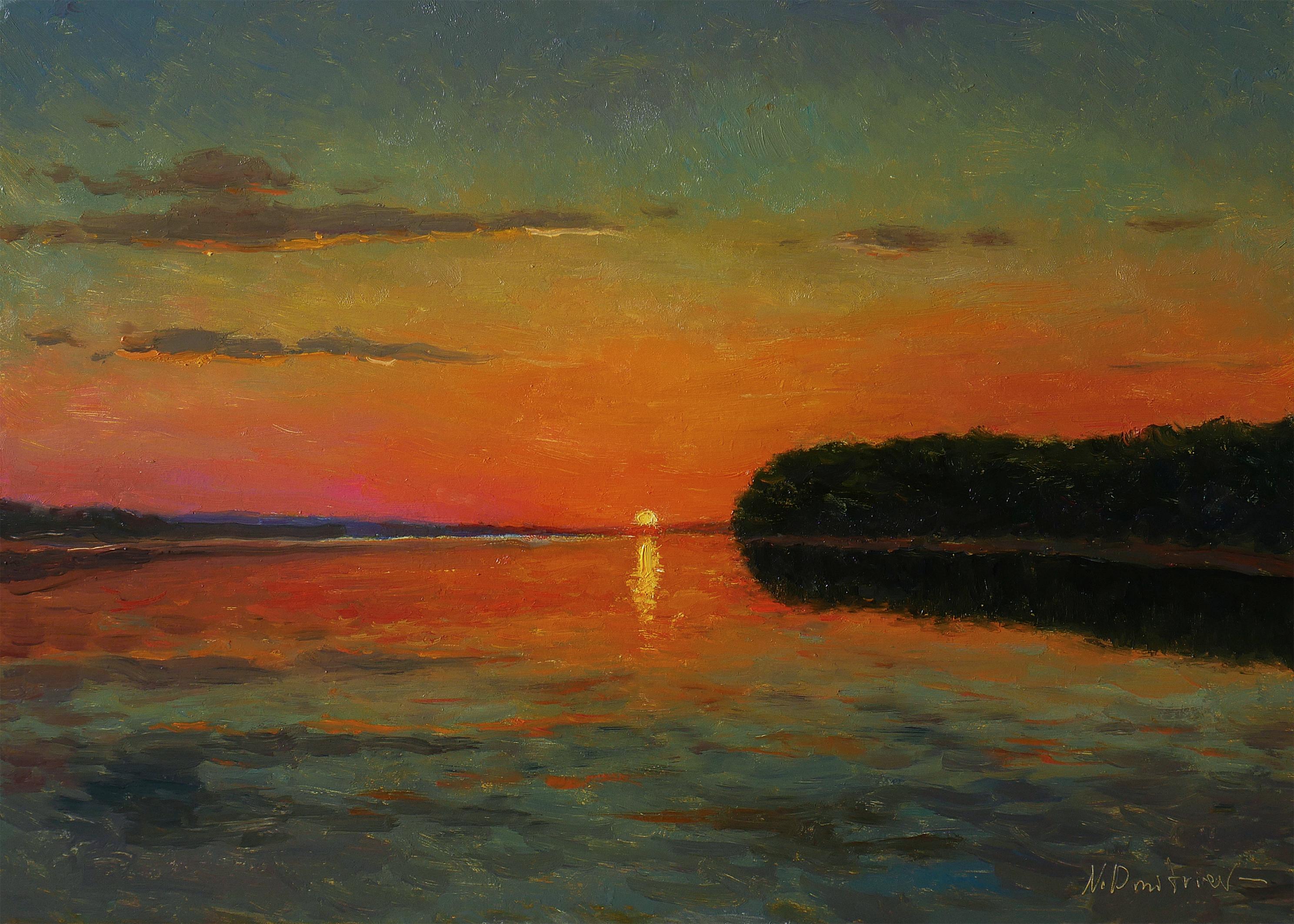 Nikolay Dmitriev Interior Painting - Close Of Day - river landscape painting