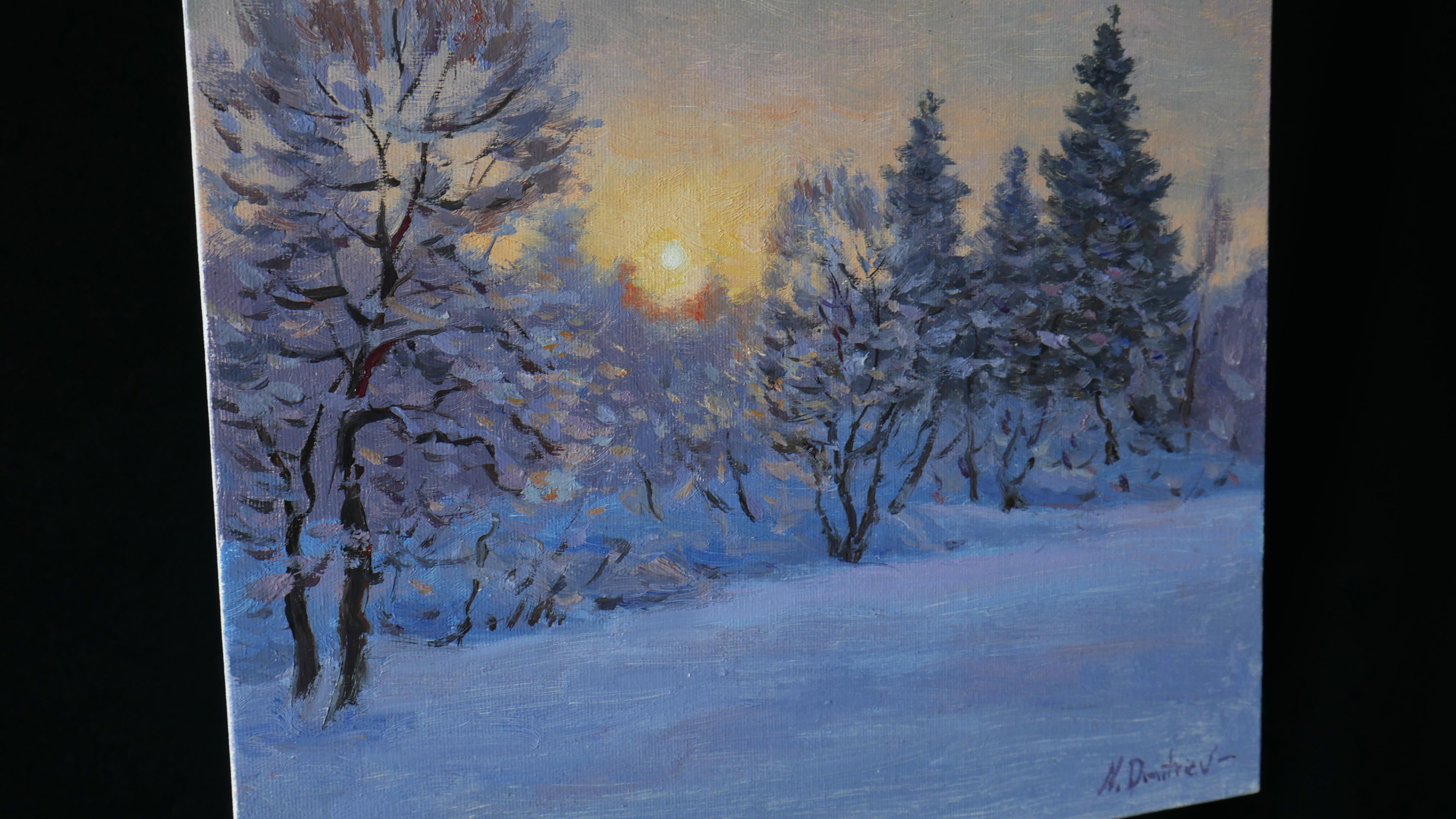 Cold Sunlight - original winter landscape, painting - Impressionist Painting by Nikolay Dmitriev