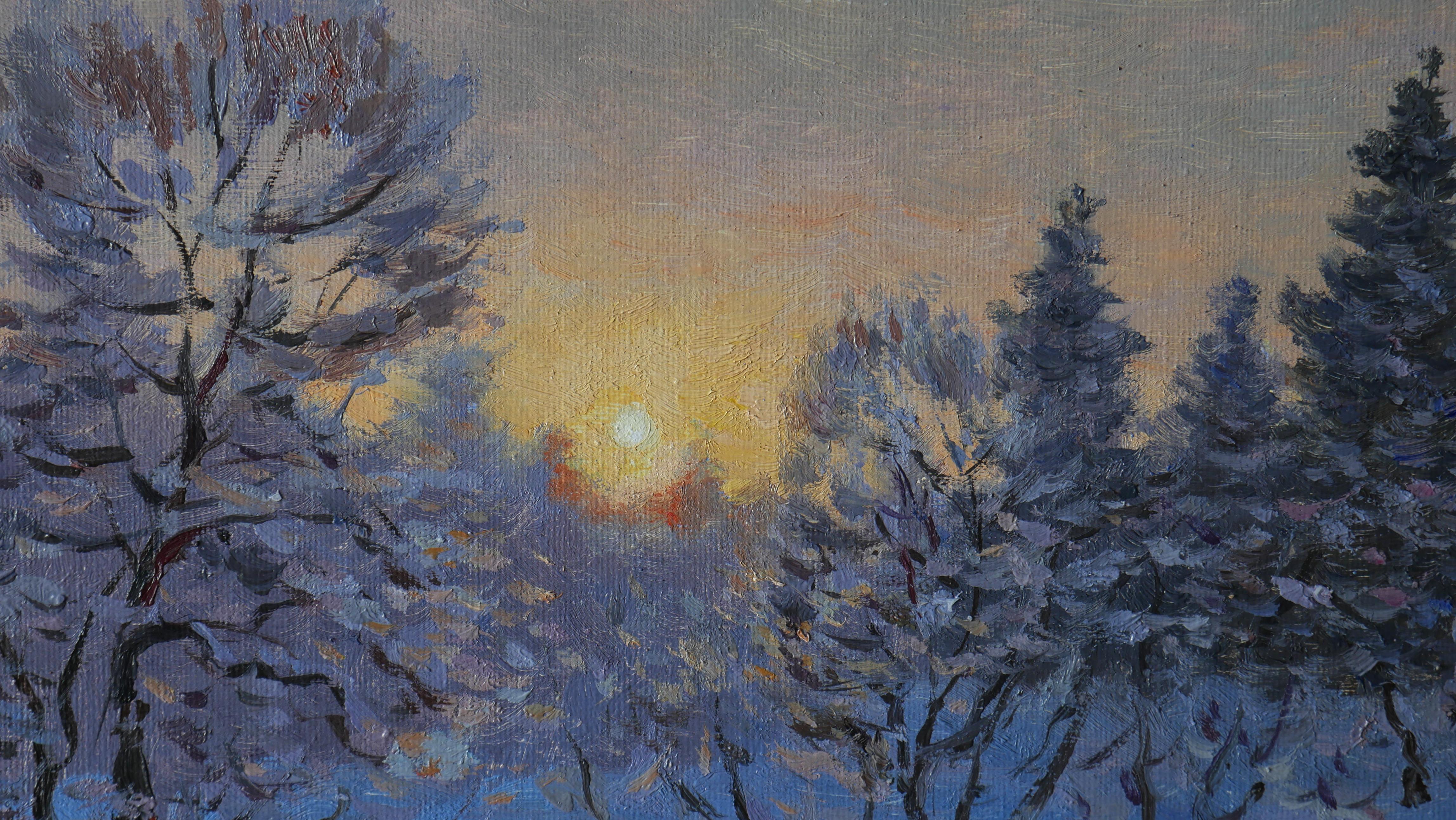 Winter evenings are momentary state of nature. But if there is the opportunity Nikolay tries to do his best to capture them. It was one of the coldest evenings ever. The artist was inspired by the last warm rays of the Sun when they touched the cold