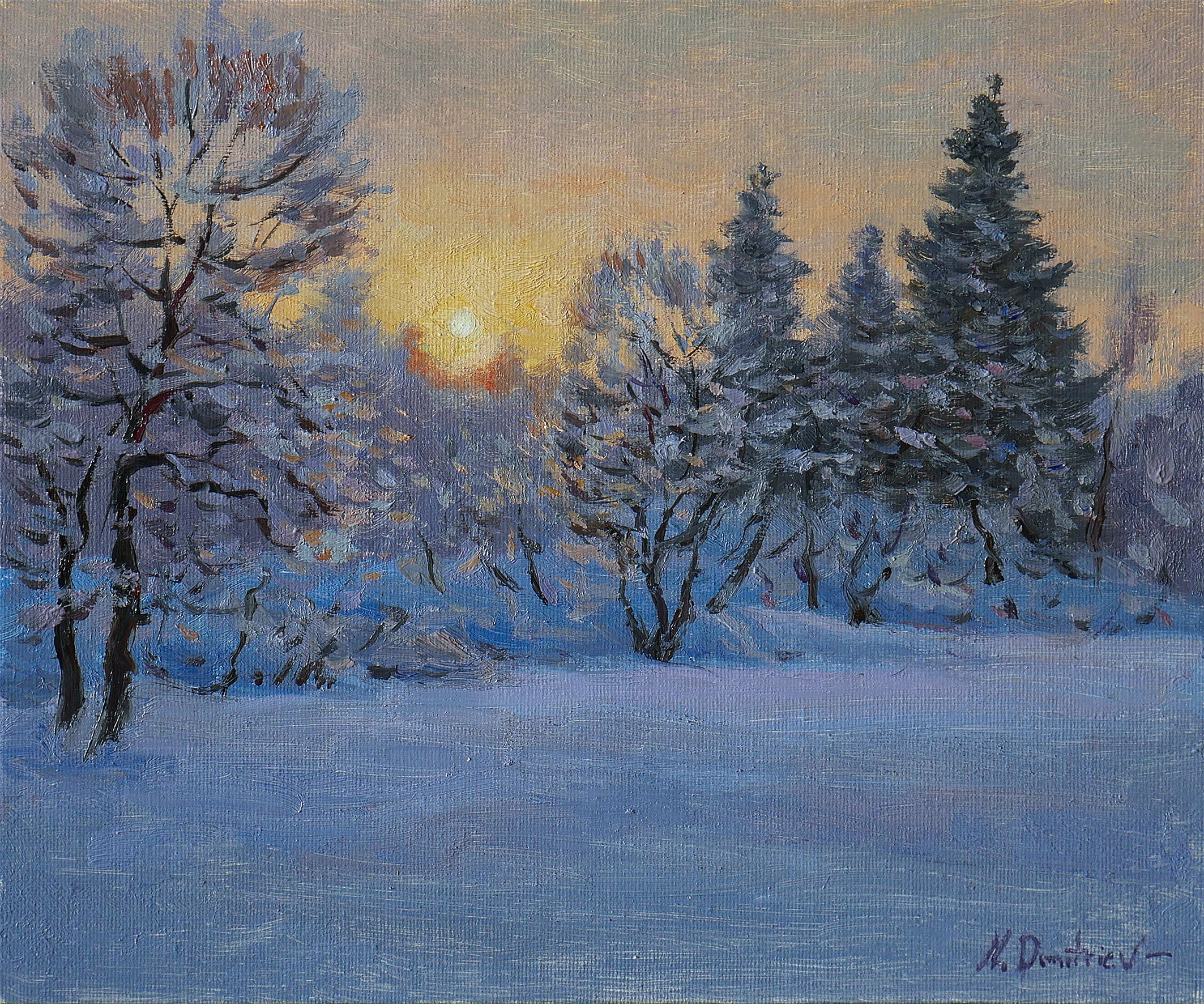 Lumière froide du soleil - paysage d'hiver original, peinture