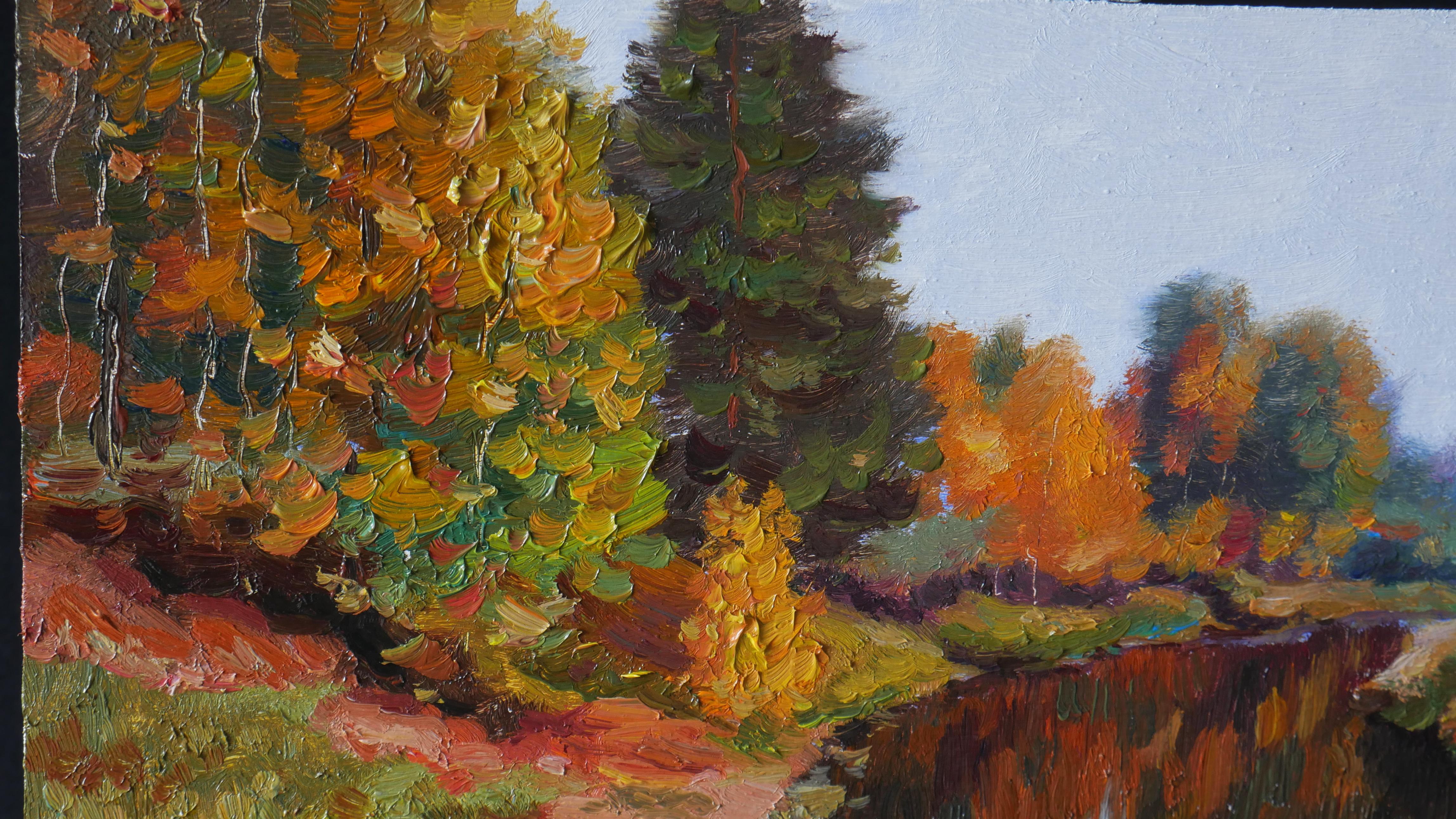 Pittura autunnale professionale.
L'autunno è una delle stagioni preferite dall'artista. A Nikolay piacciono soprattutto le giornate di sole. Grazie al gioco di luci e ombre, i colori autunnali appaiono particolarmente espressivi. Il dipinto è stato
