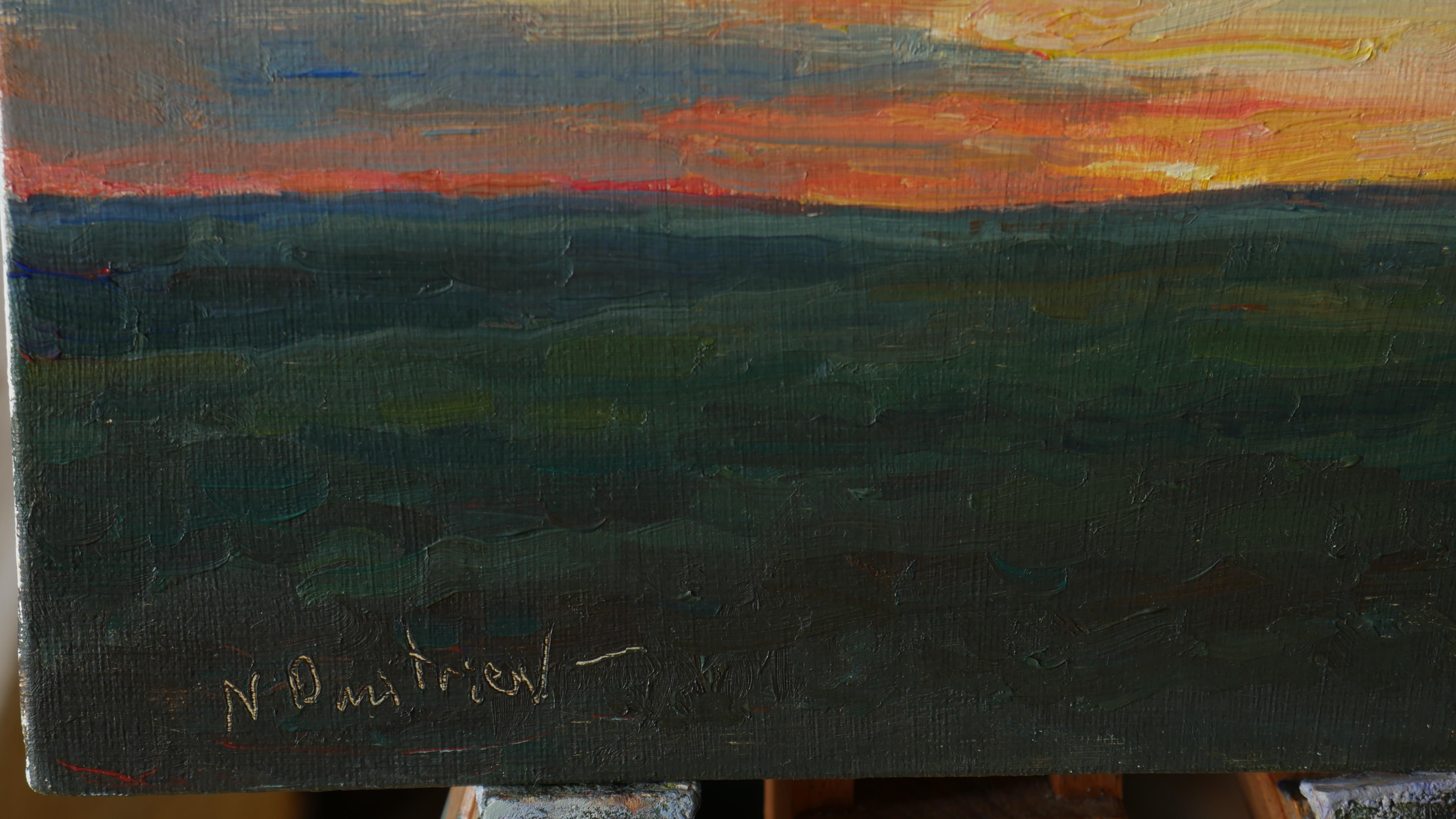 Un soleggiato paesaggio estivo impressionista è pieno di colori caldi e brillanti. L'opera d'arte è stata creata en plein air.

L'immagine è dell'autore e originale. È firmato sul fronte e anche intitolato e firmato sul retro. Il dipinto è