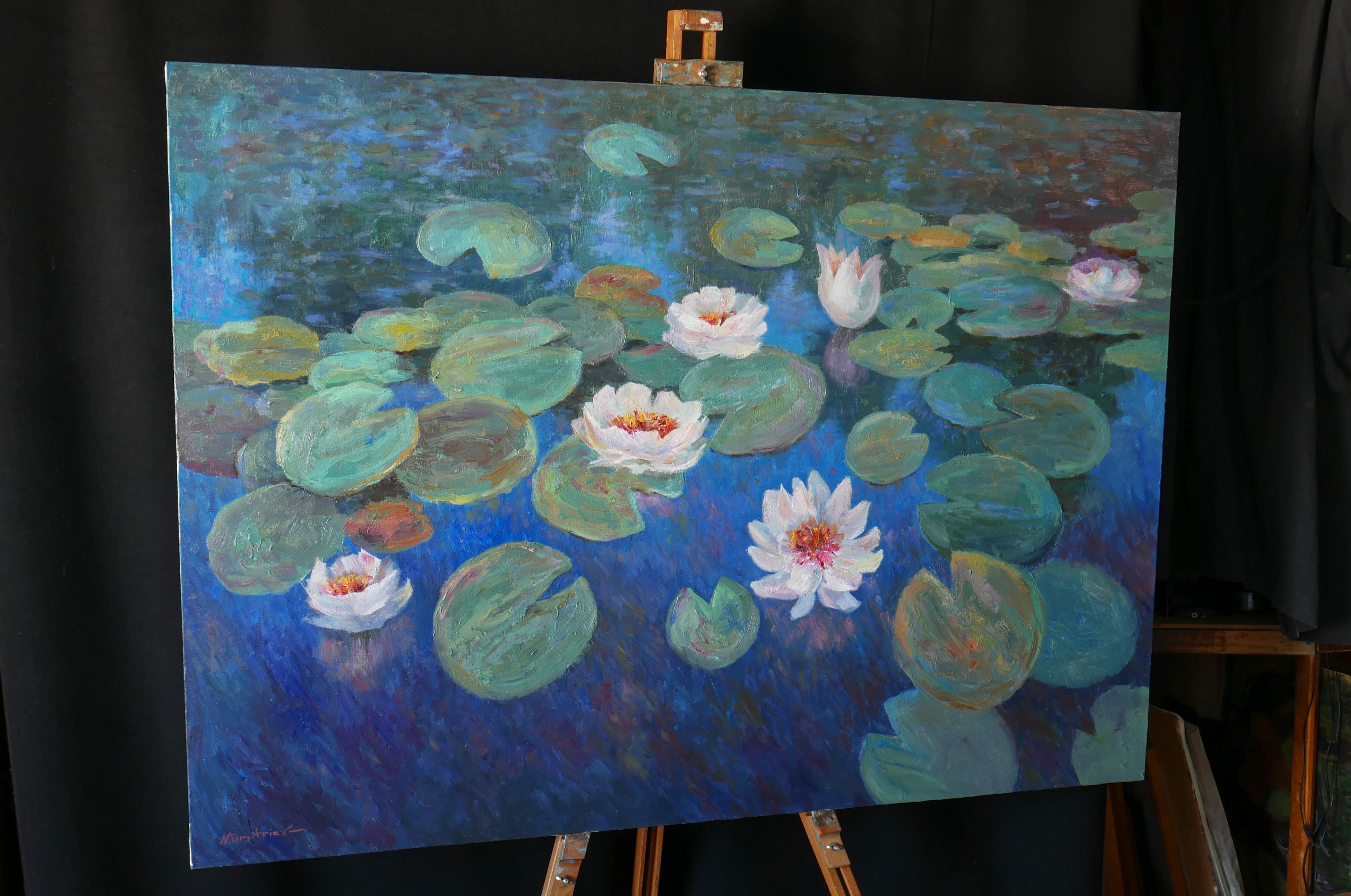 Large painting with water lilies is painted in bright shades – an excellent highlight of an interior. The artist was inspired by the paintings of Claude Monet.
This artwork is a part of a series of interior paintings «Water Lilies». It is noteworthy