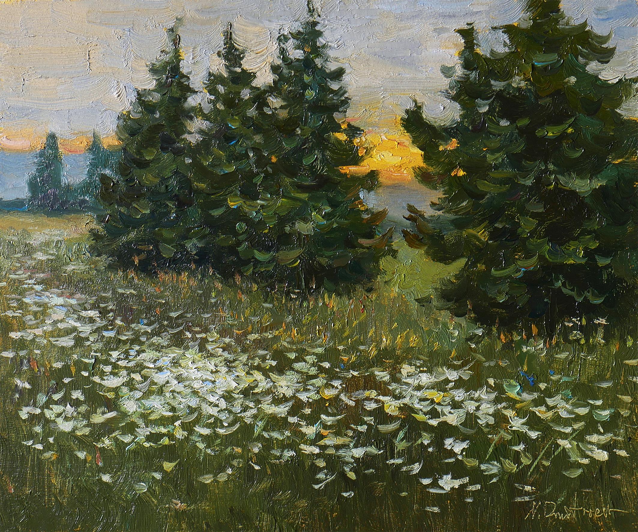 Nikolay Dmitriev Interior Painting - Evening Wildflowers - summer sunny landscape, painting