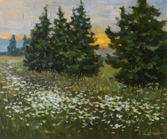Flores silvestres vespertinas - paisaje soleado de verano, pintura